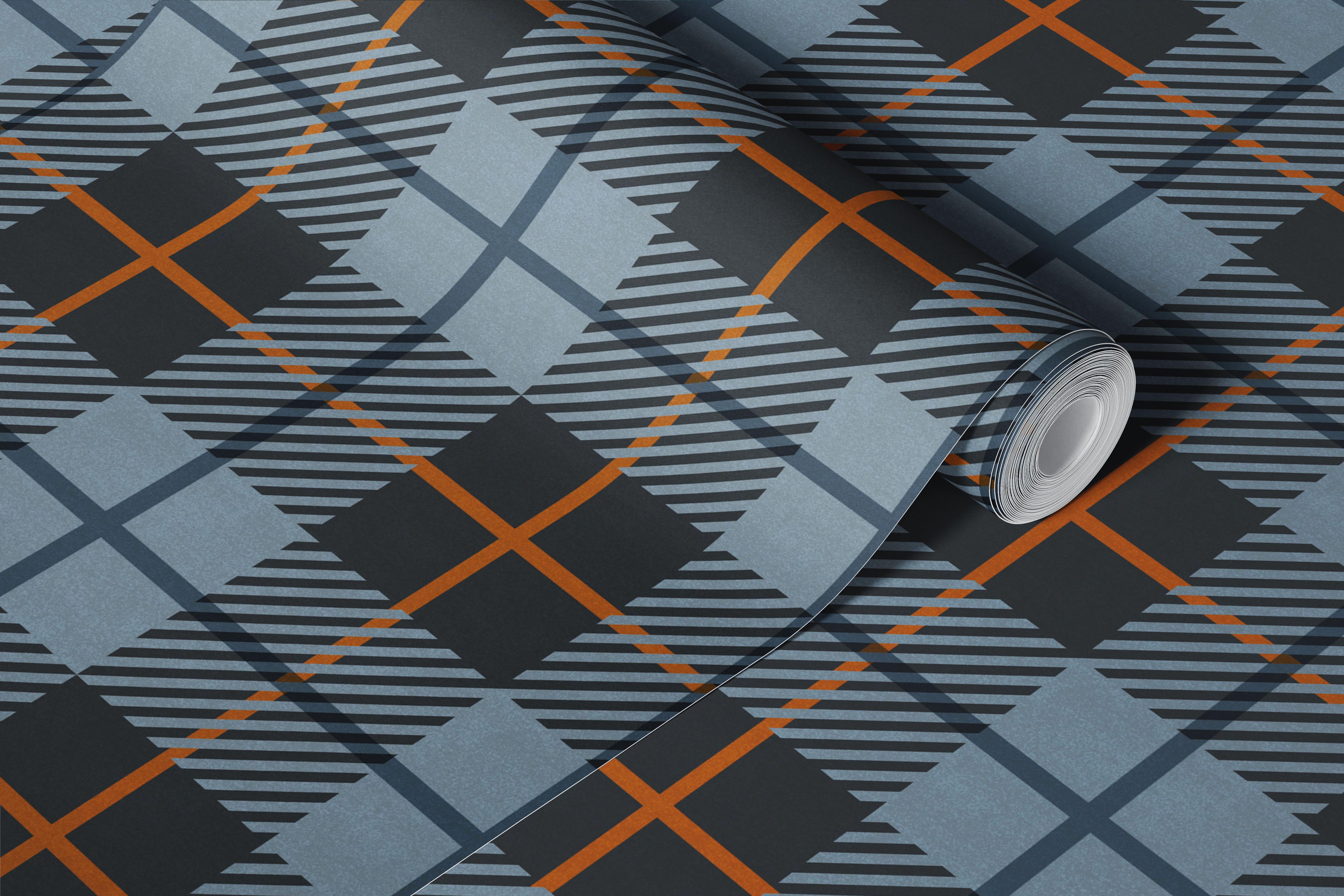 Slate blue plaid wallpaper with orange lines