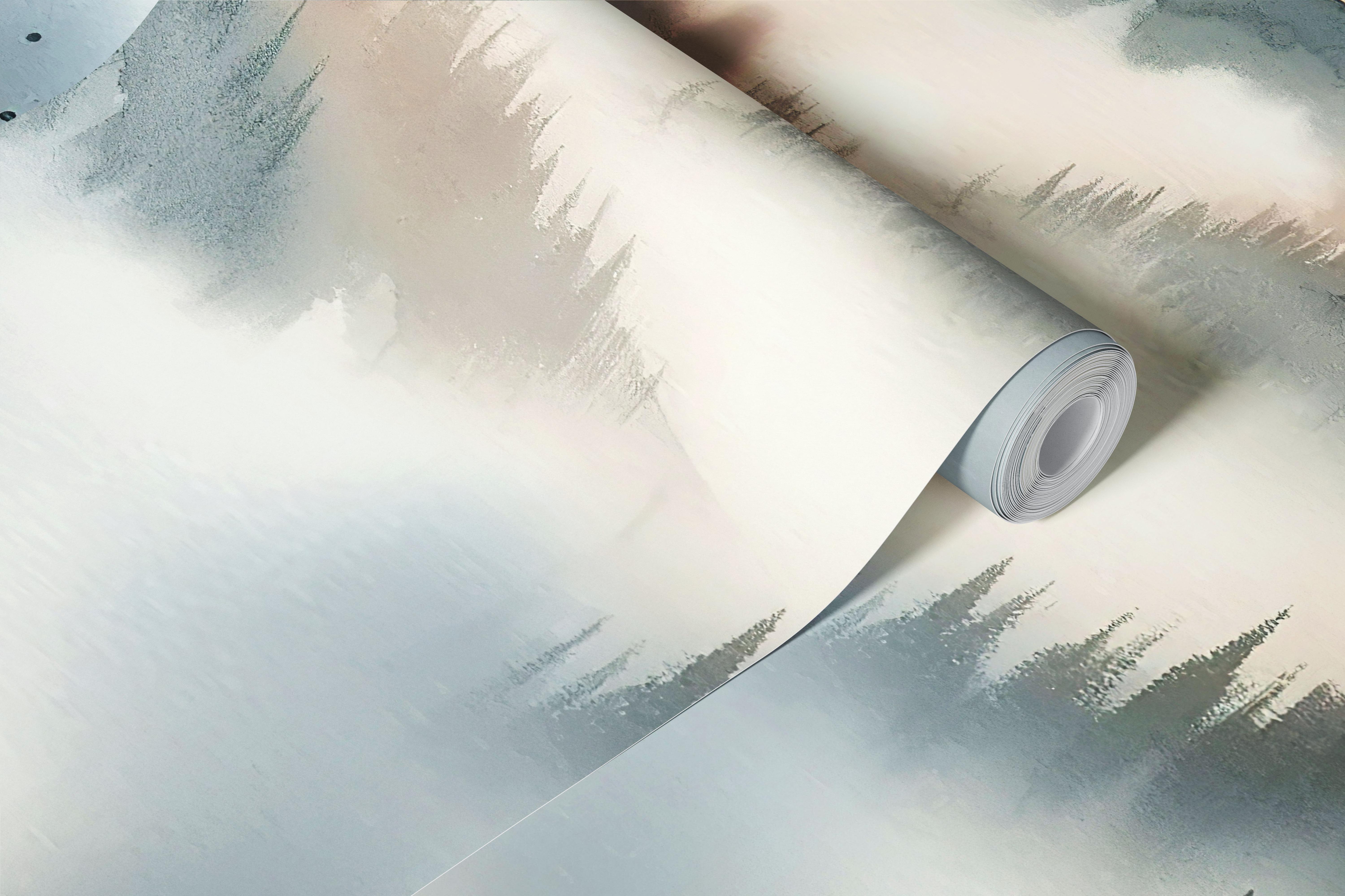 Misty mountains wallpaper in a room
