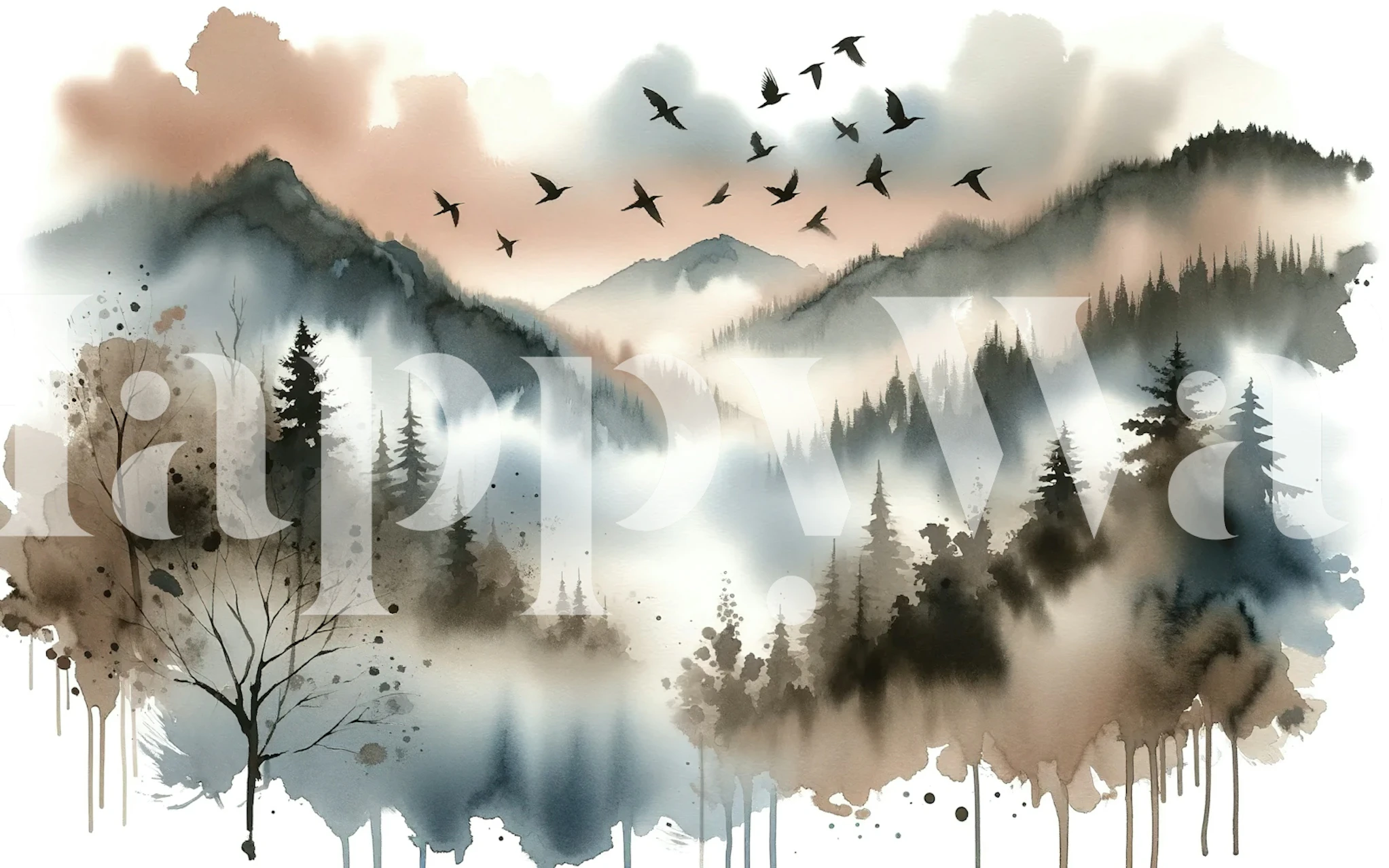 Misty mountains wallpaper in a room