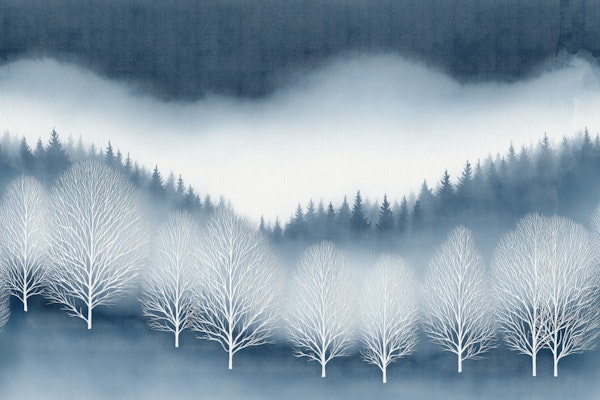 Misty Blue Winter Pine Forest Mural