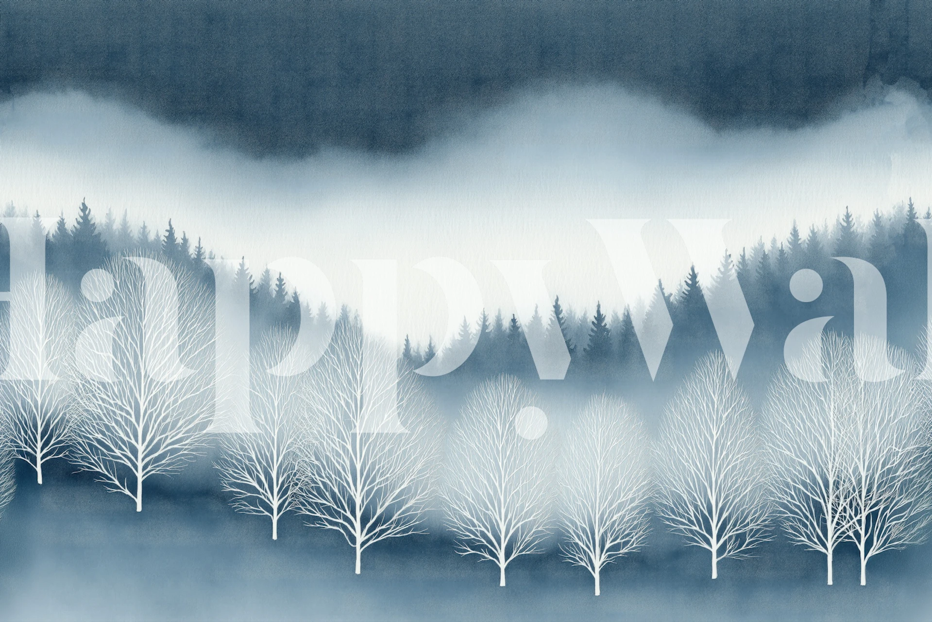 Misty Blue Winter Pine Forest Mural v pokoji