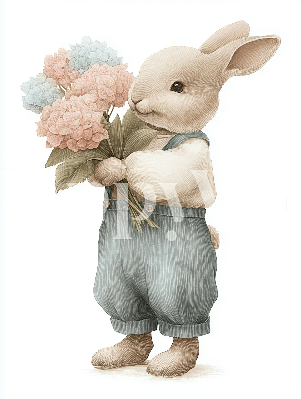 Bunny holding hydrangea bouquet wallpaper