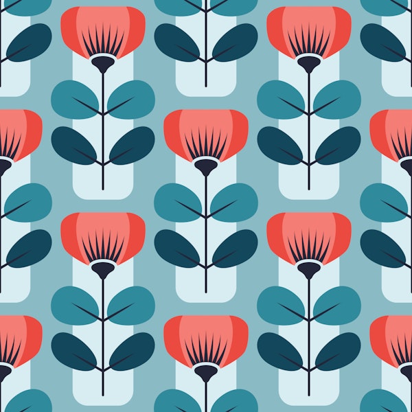 Retro Scandinavian Flowers Blue Red