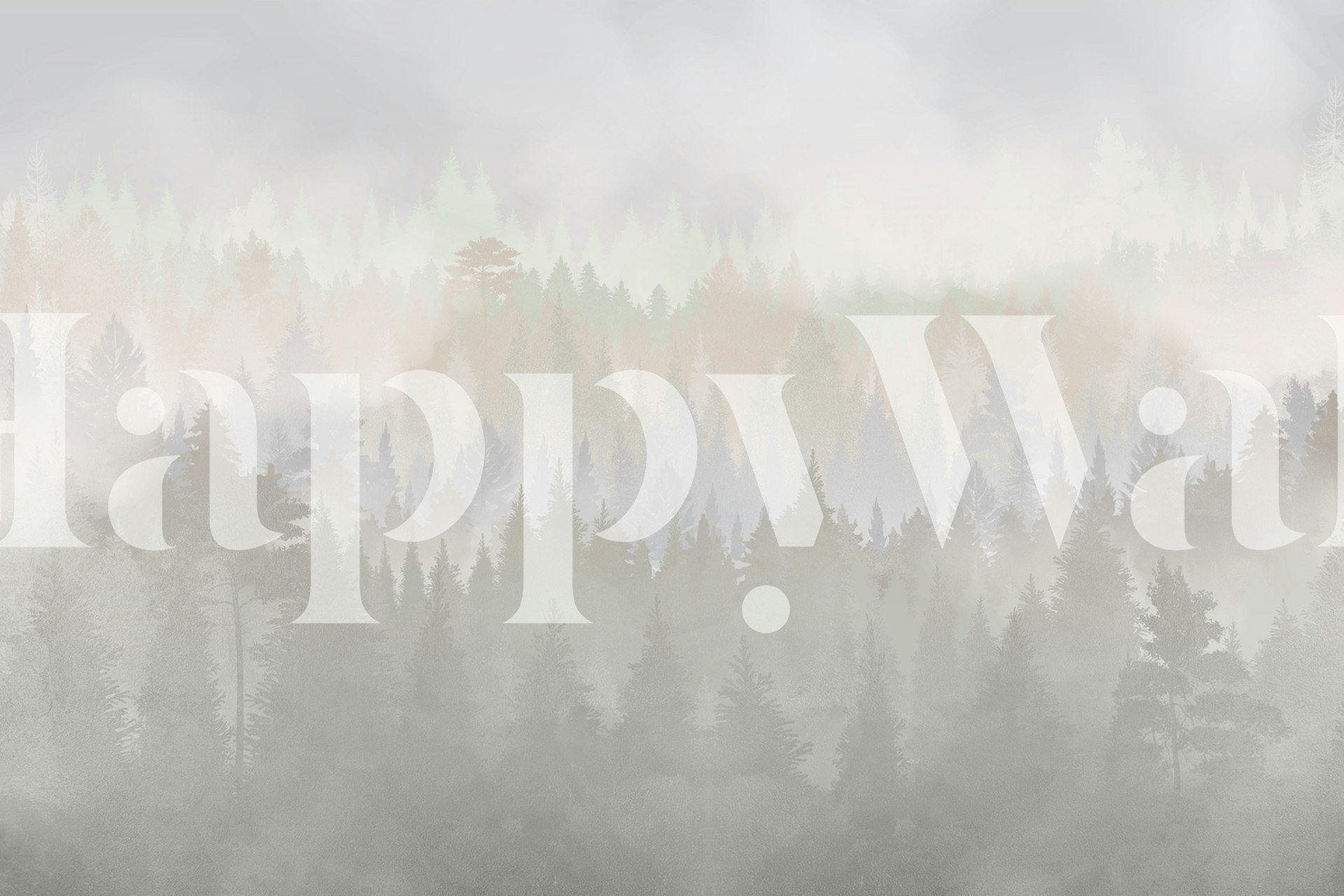 Foggy forest scene with evergreen trees in grey tones wallpaper