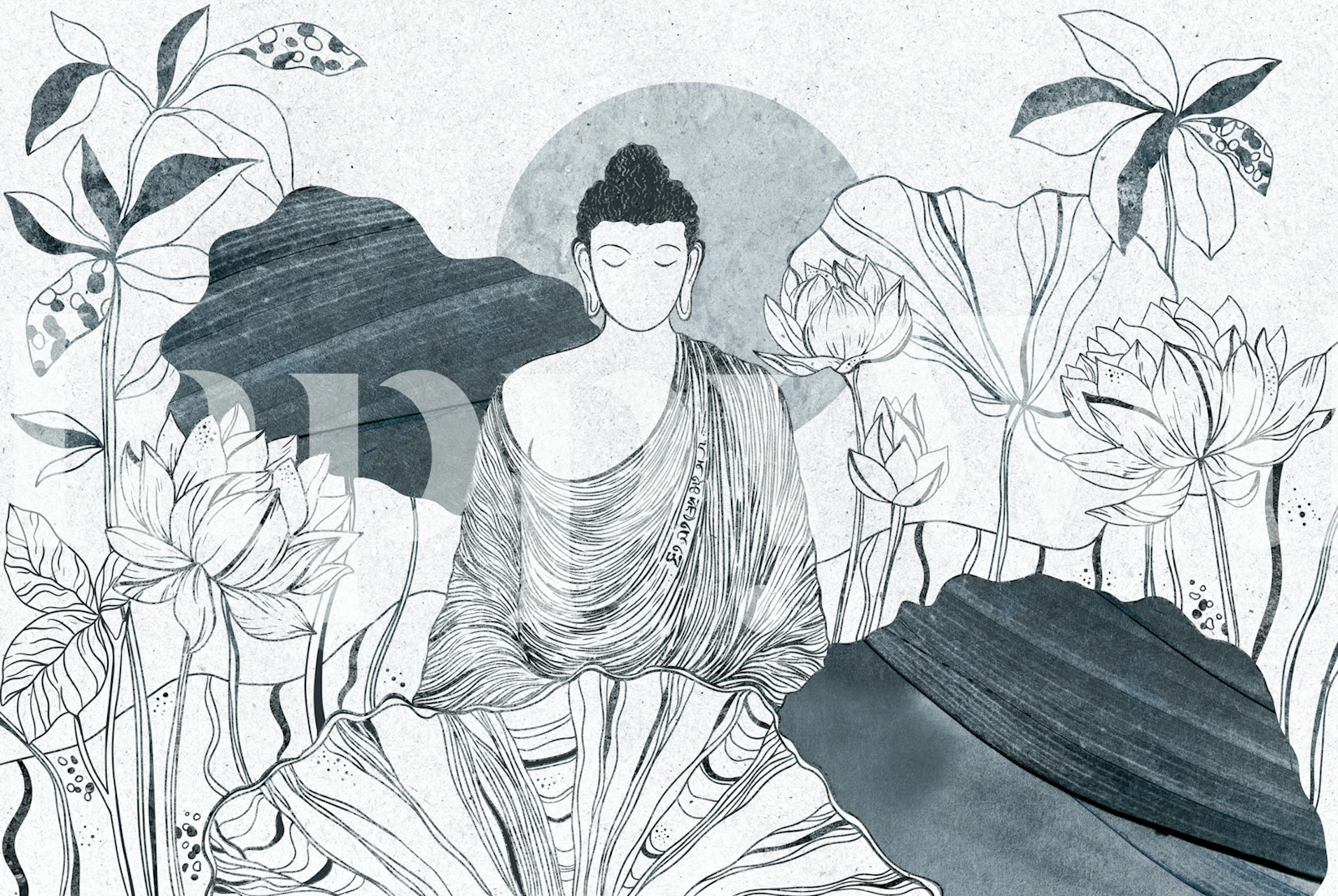 Buddha in lotus garden behang in een kamer