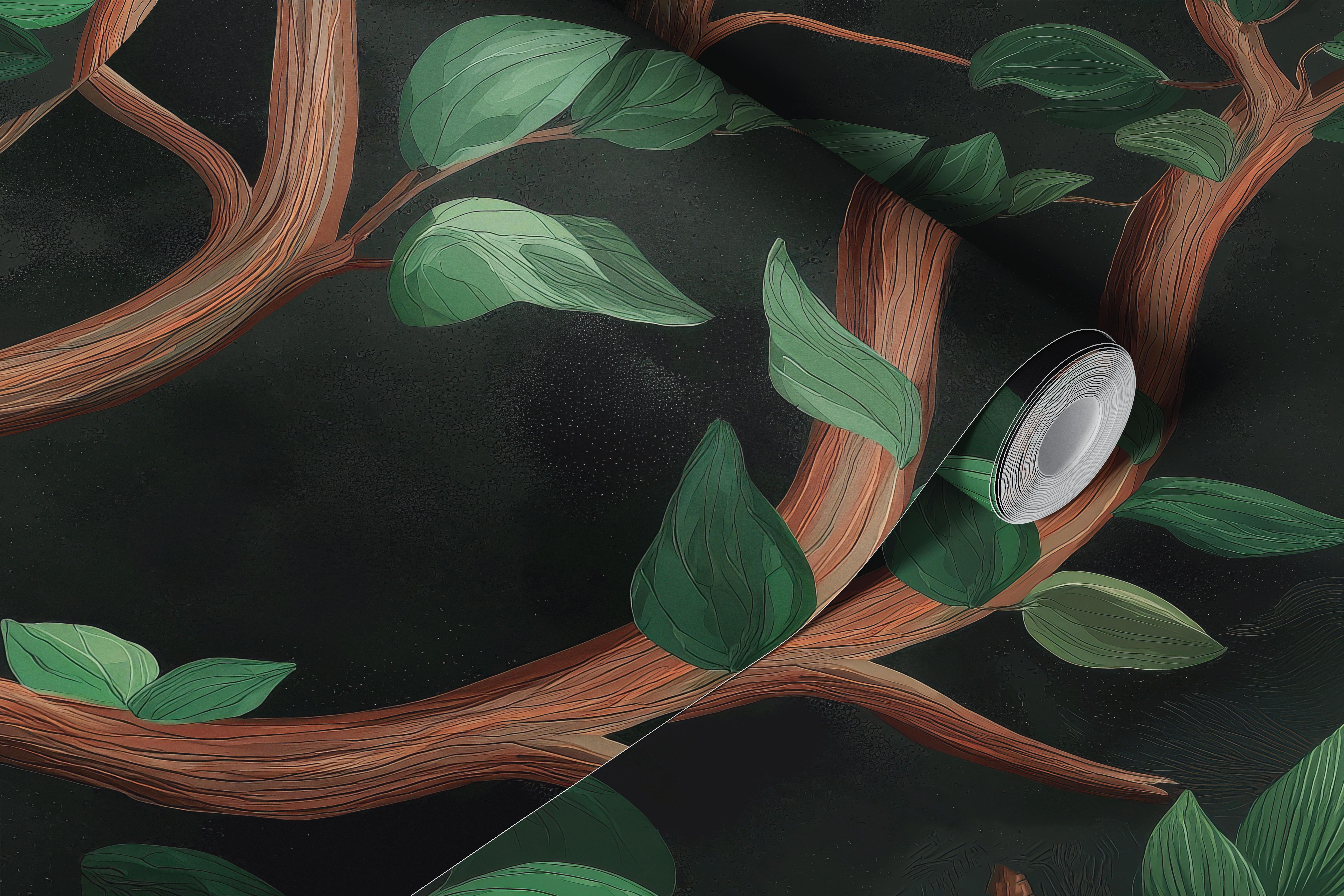Dark green botanical tree branch mural in room