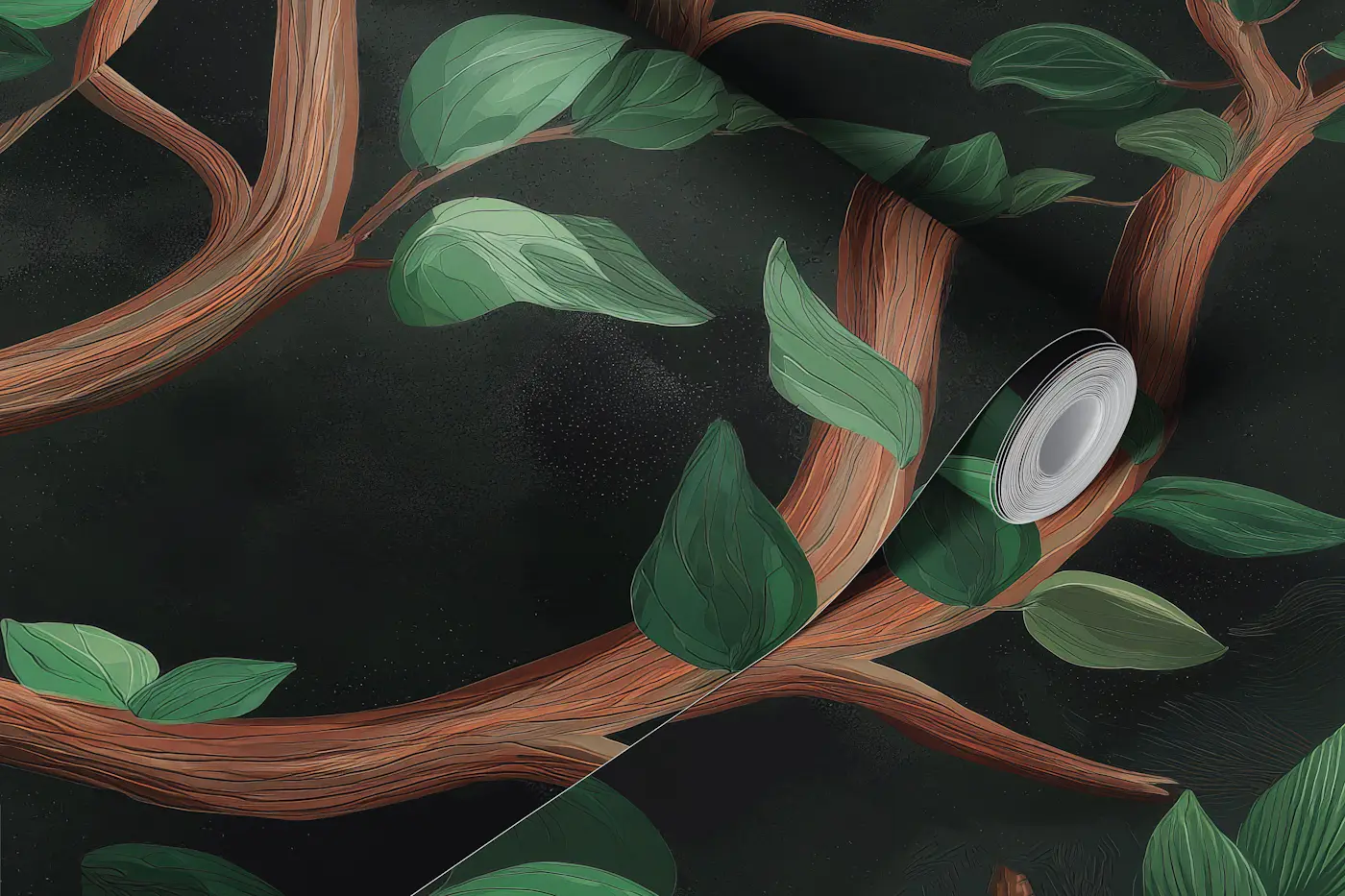 Dark Green Moody Botanical Tree Branch Mural wallpaper roll