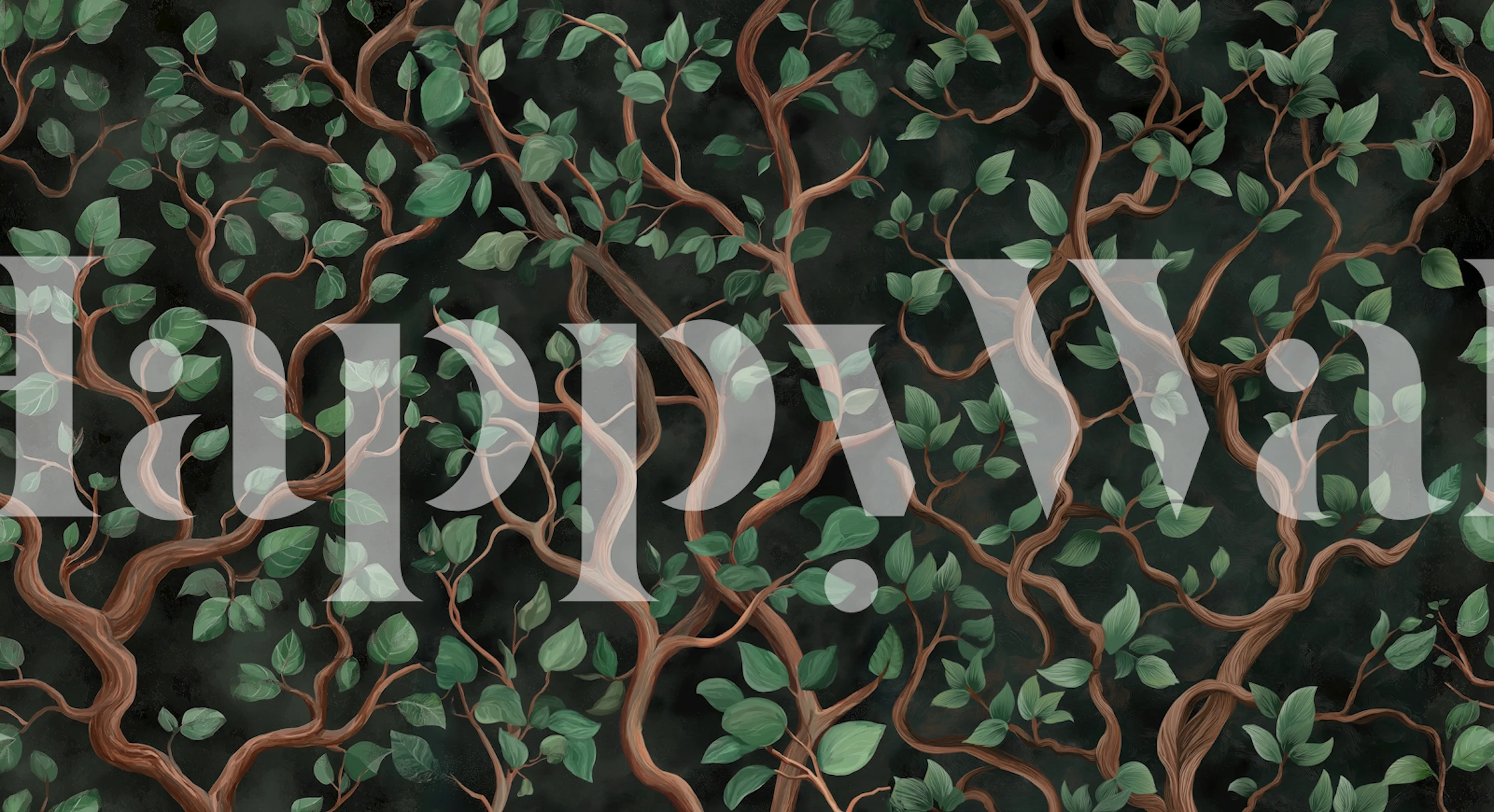 Dark green botanical tree branch mural in room