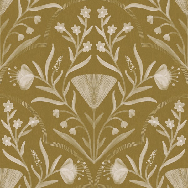 muted mustard folk floral damask texture