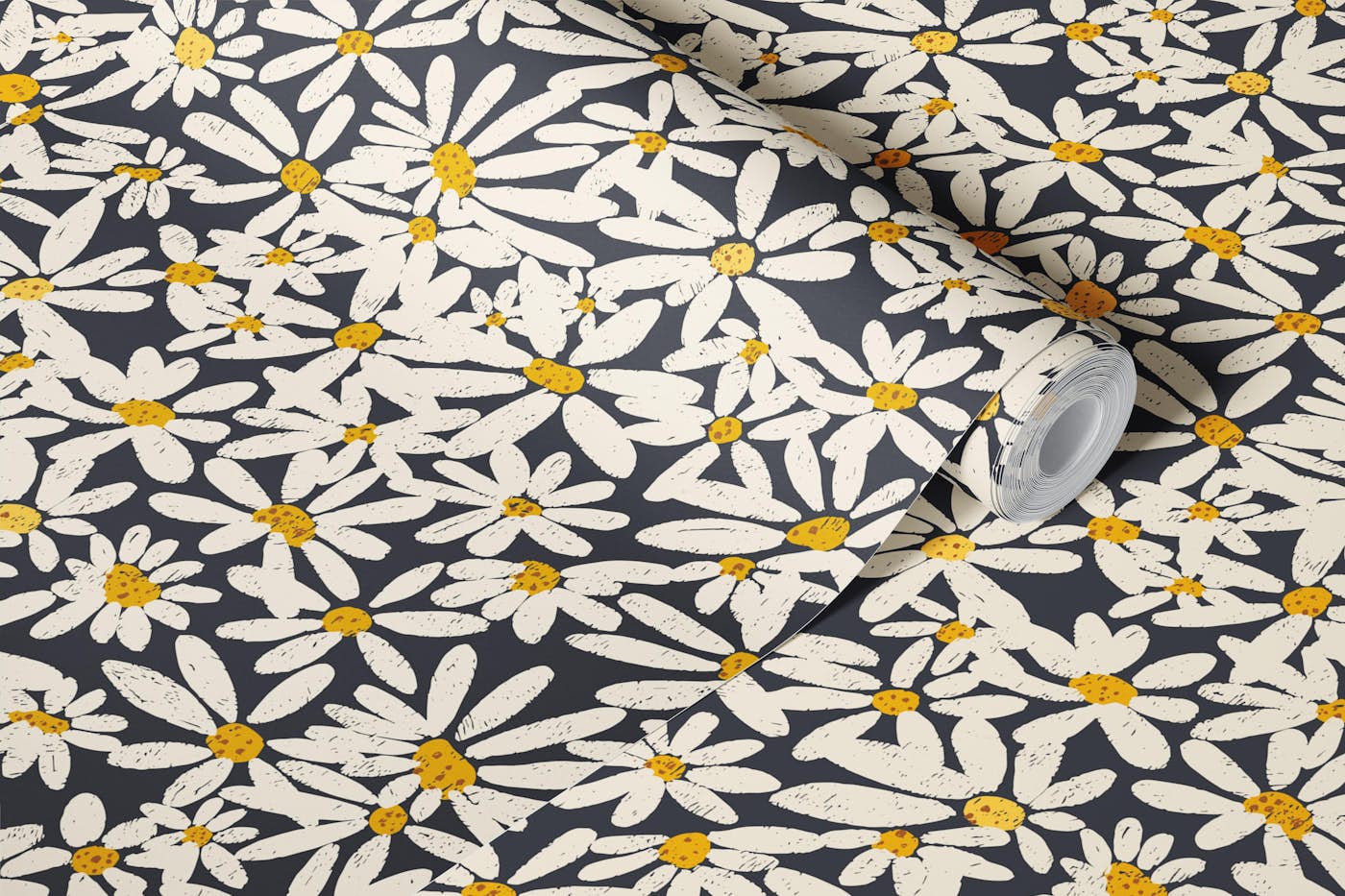 Hand Drawn Daisies Dark Background wallpaper roll