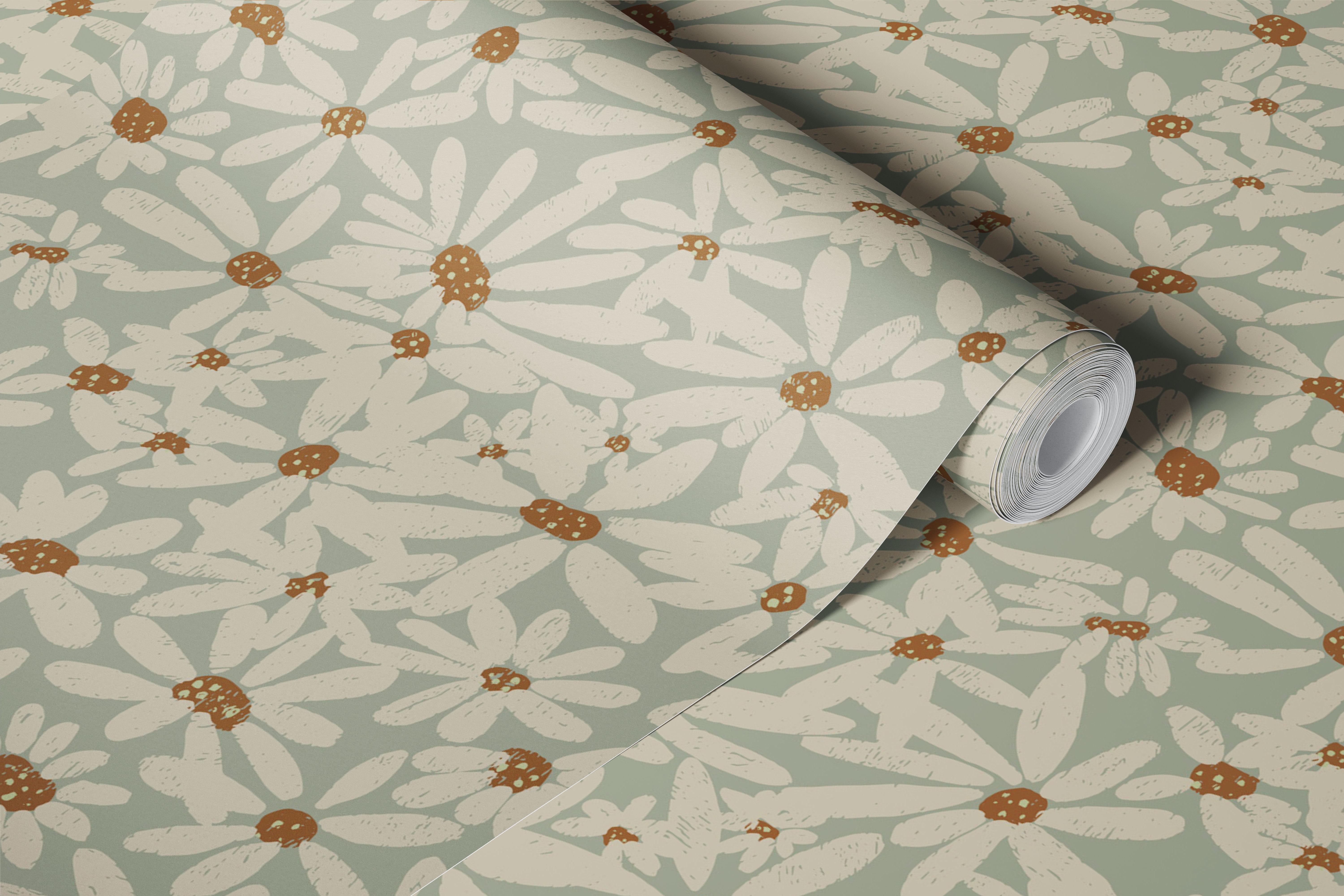 Vintage Daisy Meadow Sage wallpaper in a room