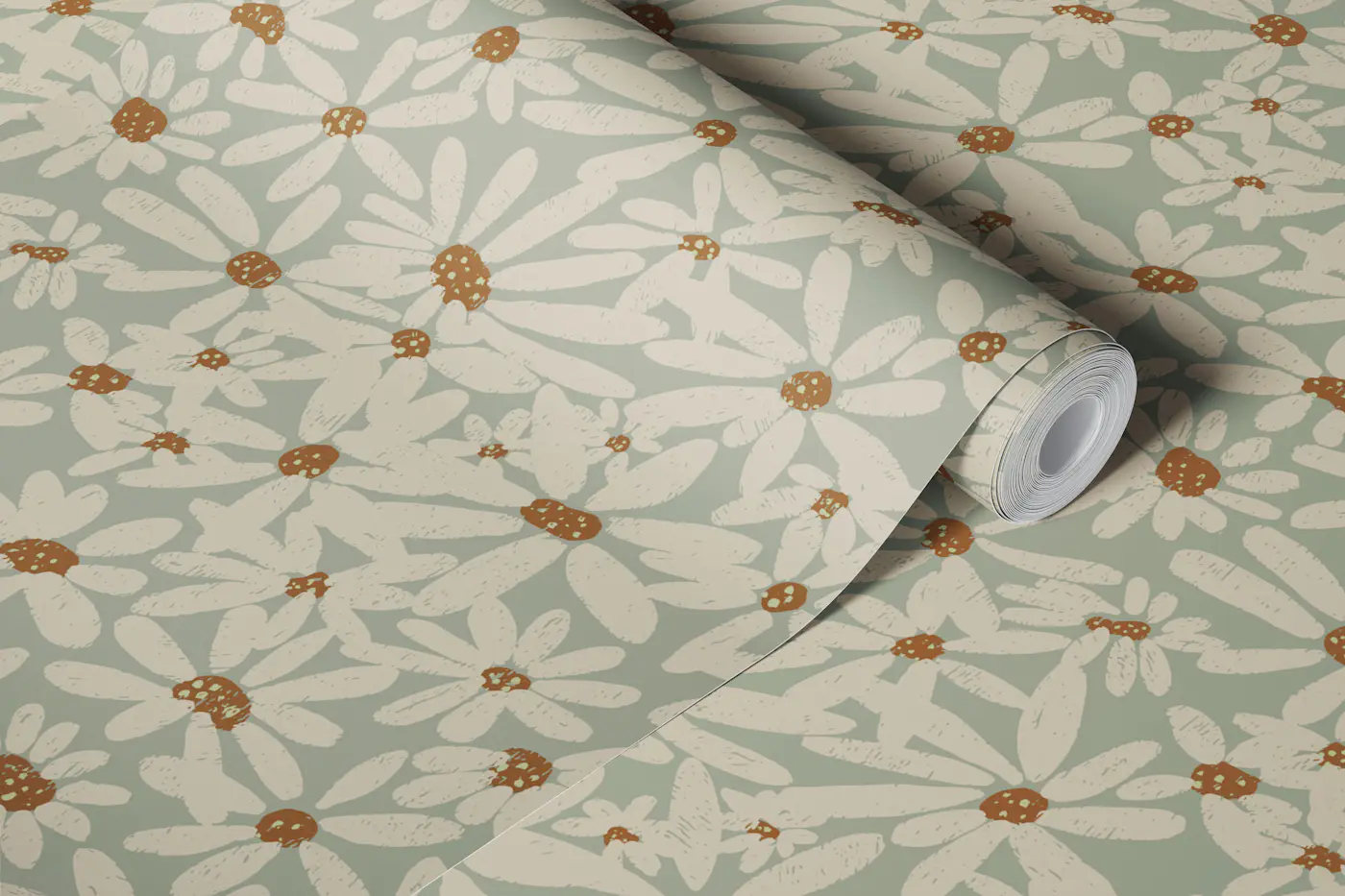 Vintage Daisy Meadow Sage wallpaper roll