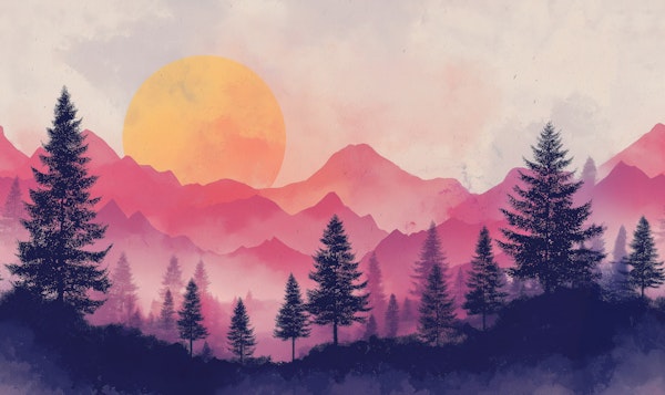 Vibrant Pink Sunset Mountain Forest Landscape
