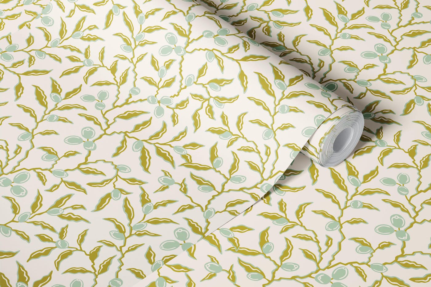 Olive all over branches - olive green mint wallpaper roll
