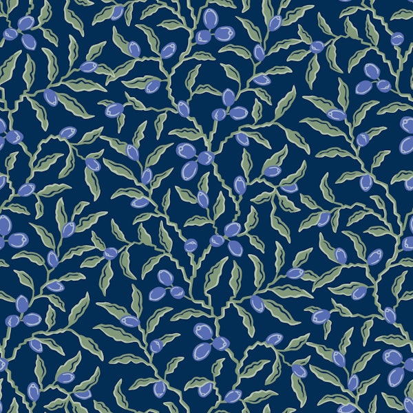 Olive all over branches - olive green on blue
