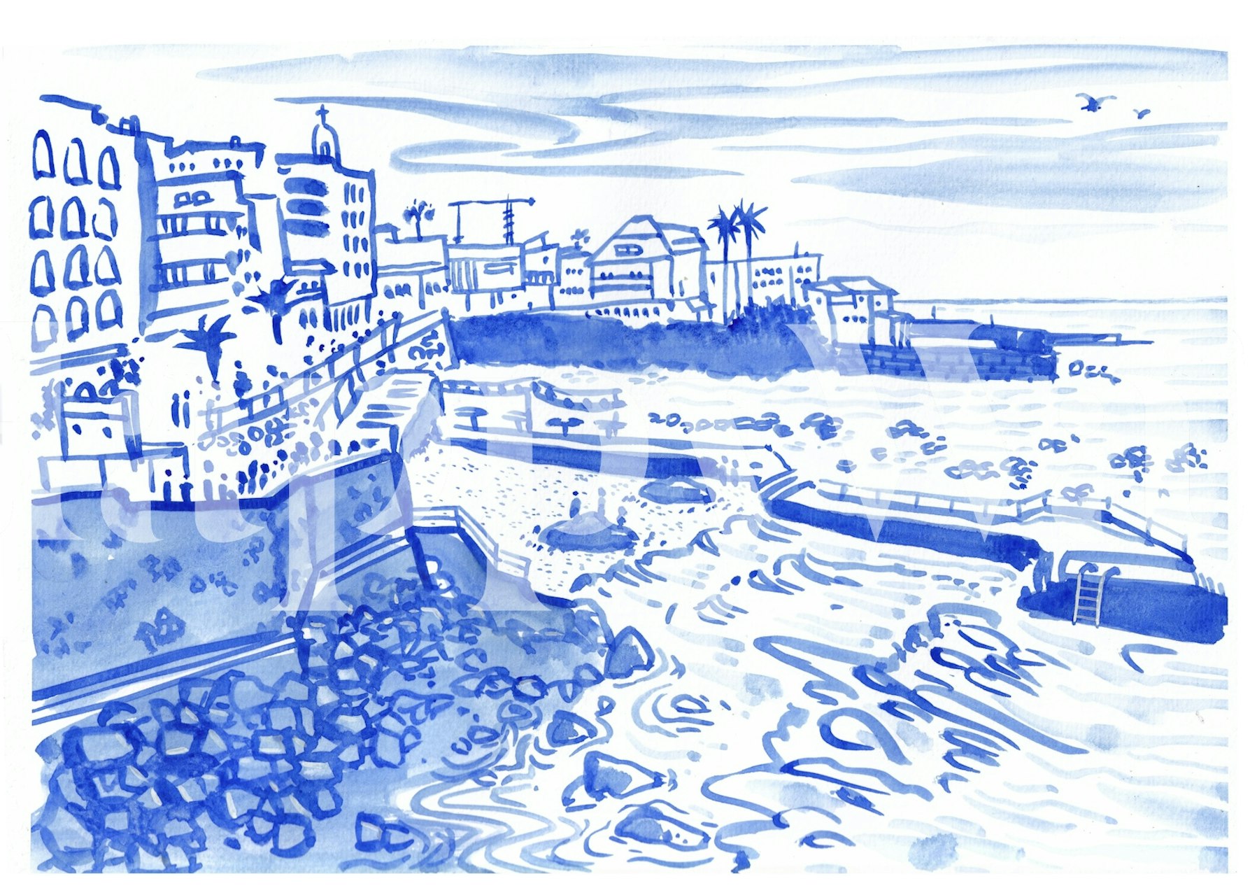 Seaside Promenade in Blue wallpaper in a room