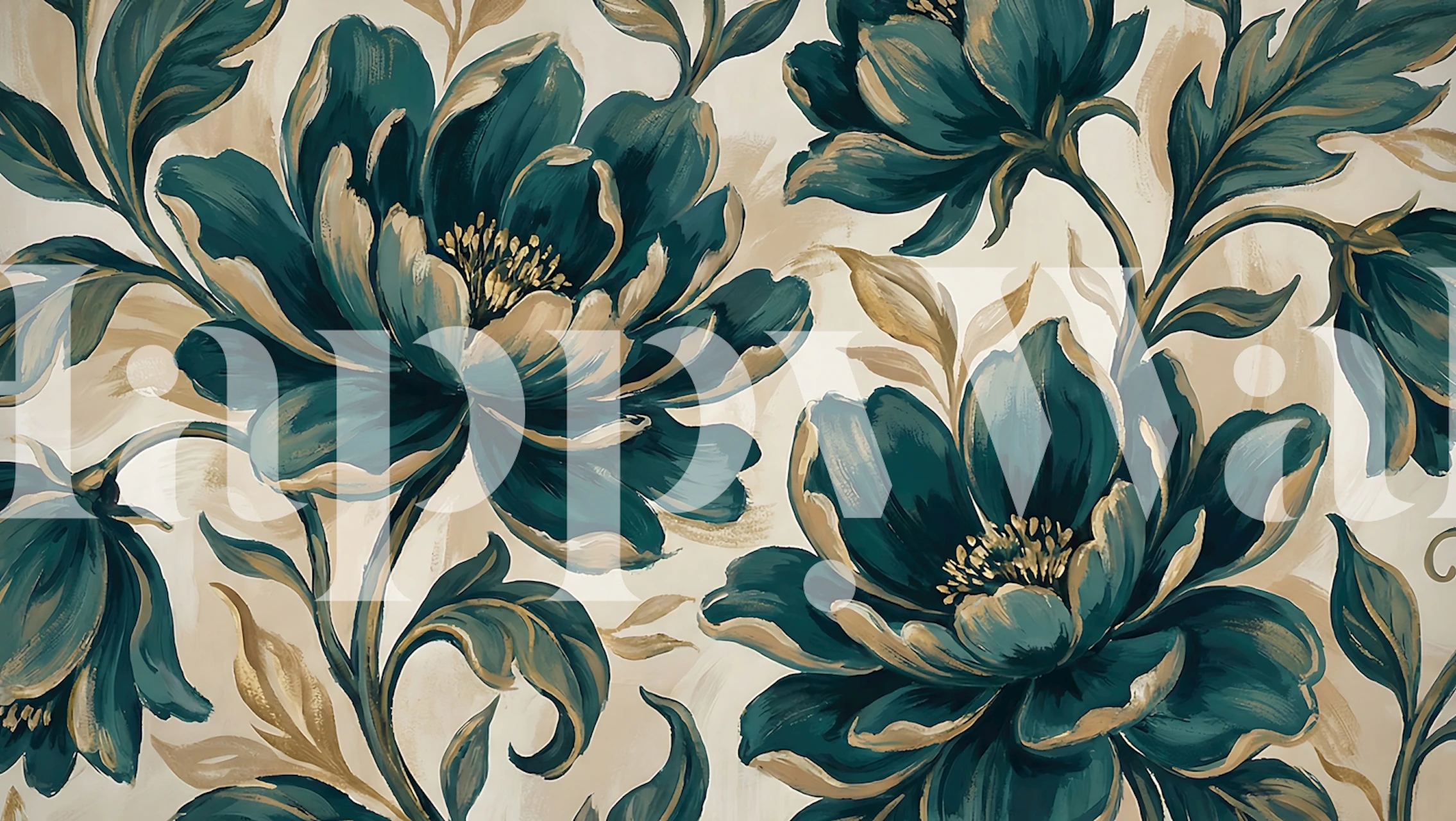 Teal peony blooms wallpaper in a room