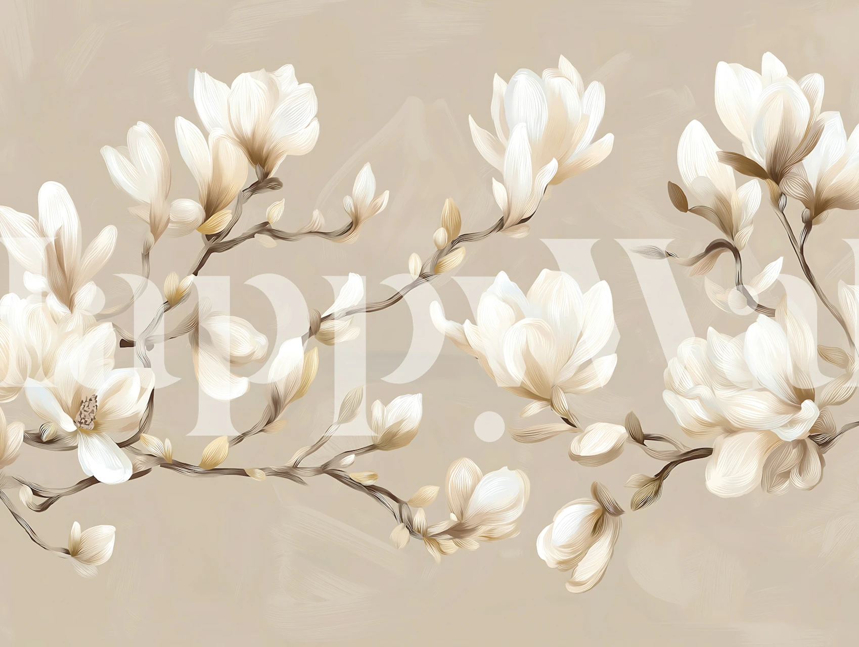 Kreminių magnolijų žiedų tapetai smėlio spalvos kambaryje