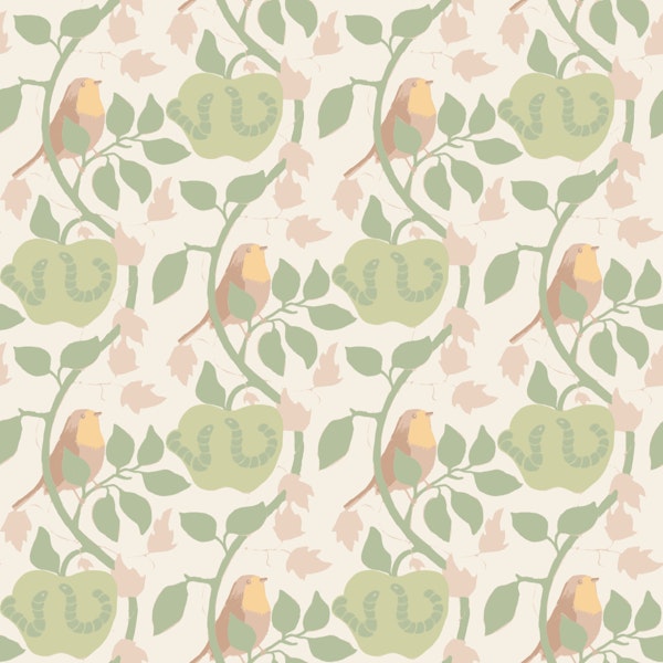 Robin in a sage green apple vine