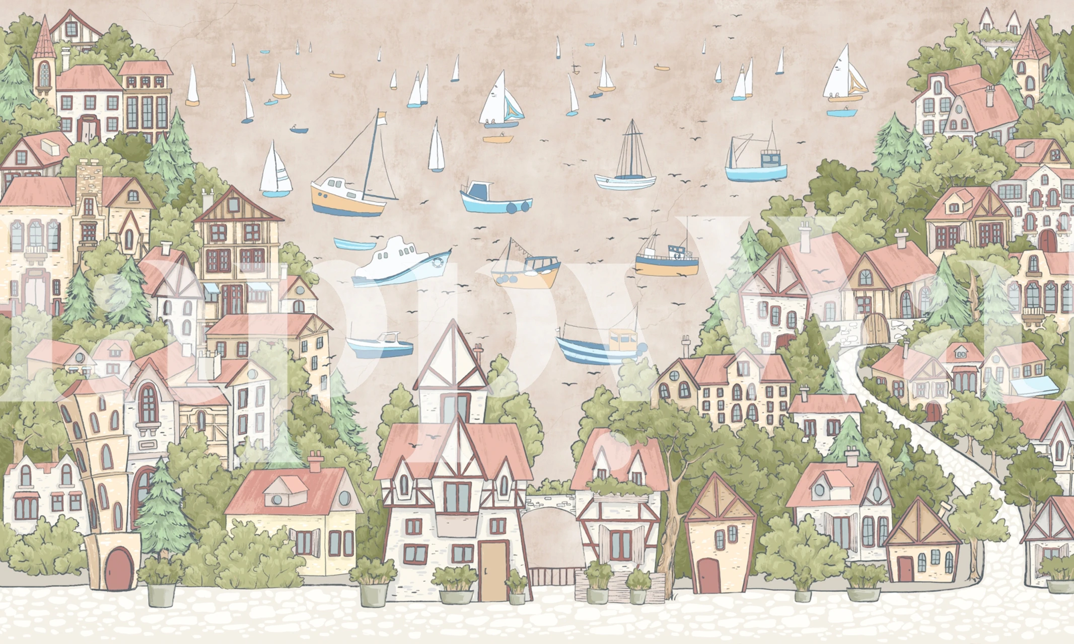 Sailing Town wallpaper displayed in a room