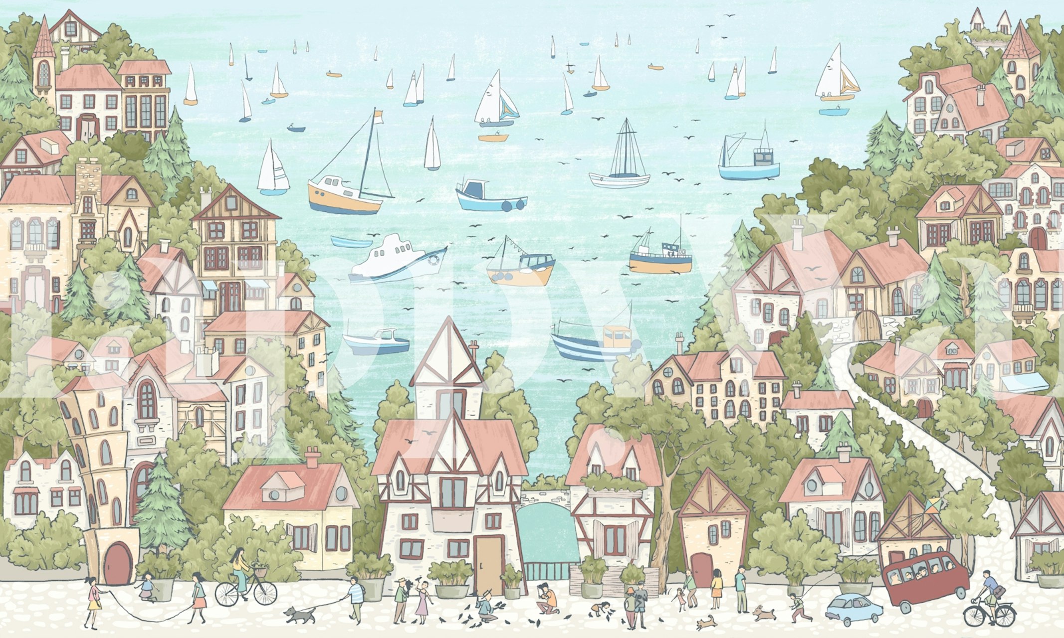 Sailing Town wallpaper in a cozy room