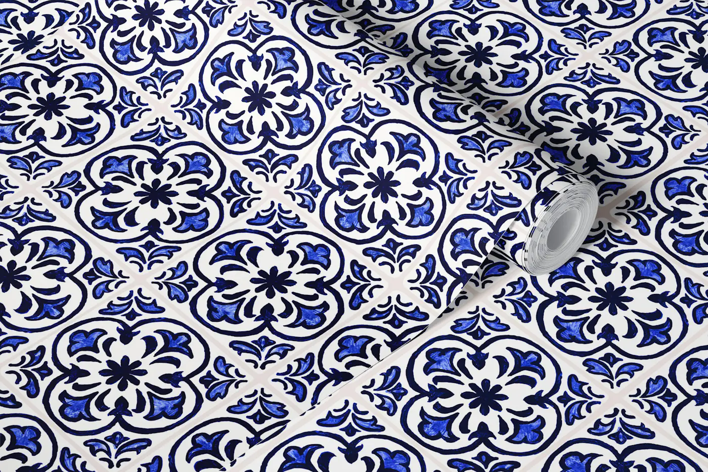 Blue White Vintage Tiles wallpaper roll
