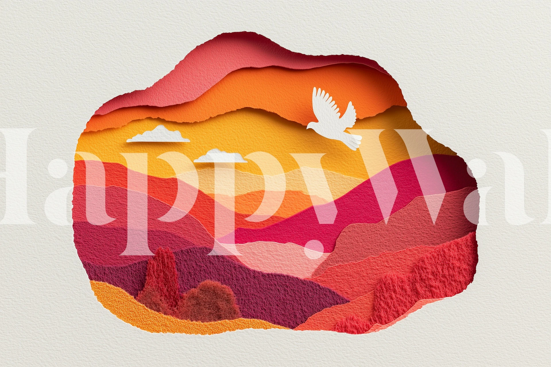 Mountains sunset paper cut wallpaper in a room
