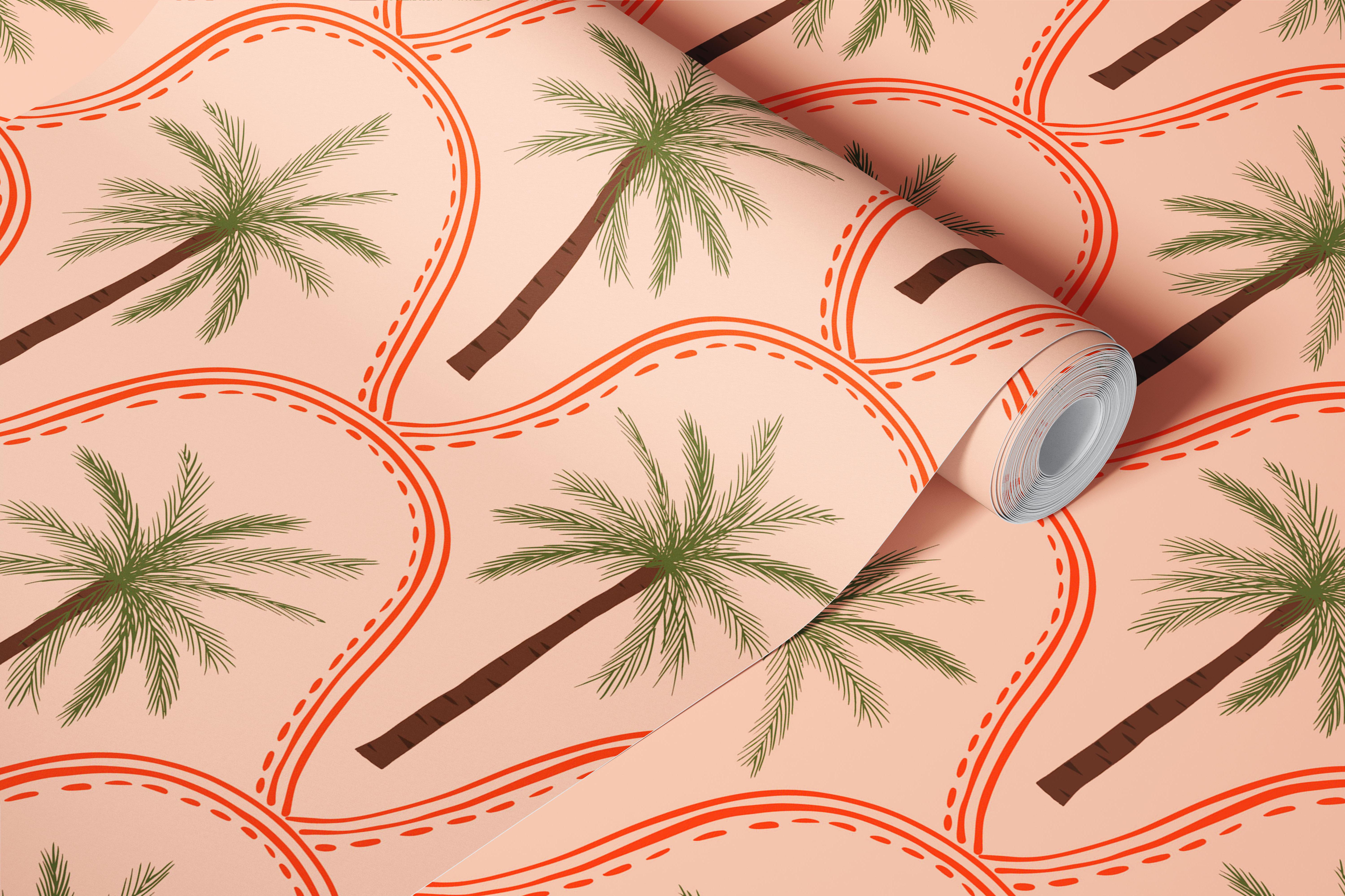 Retro boho palm trees wallpaper in a room