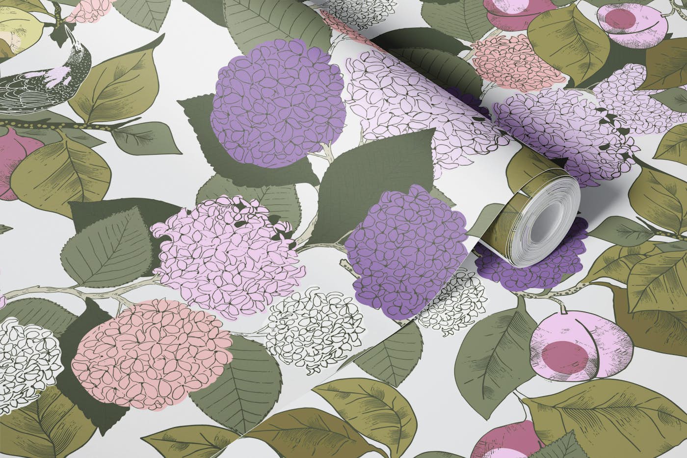 Purple Hydrangeas and Apricots wallpaper roll