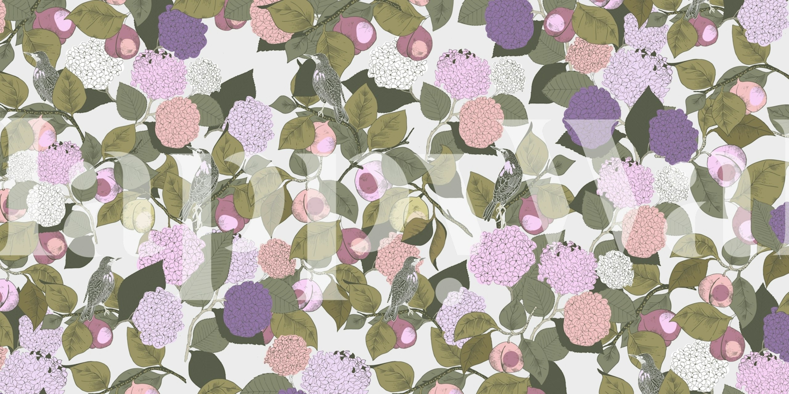 Purple hydrangeas and apricots wallpaper in a room