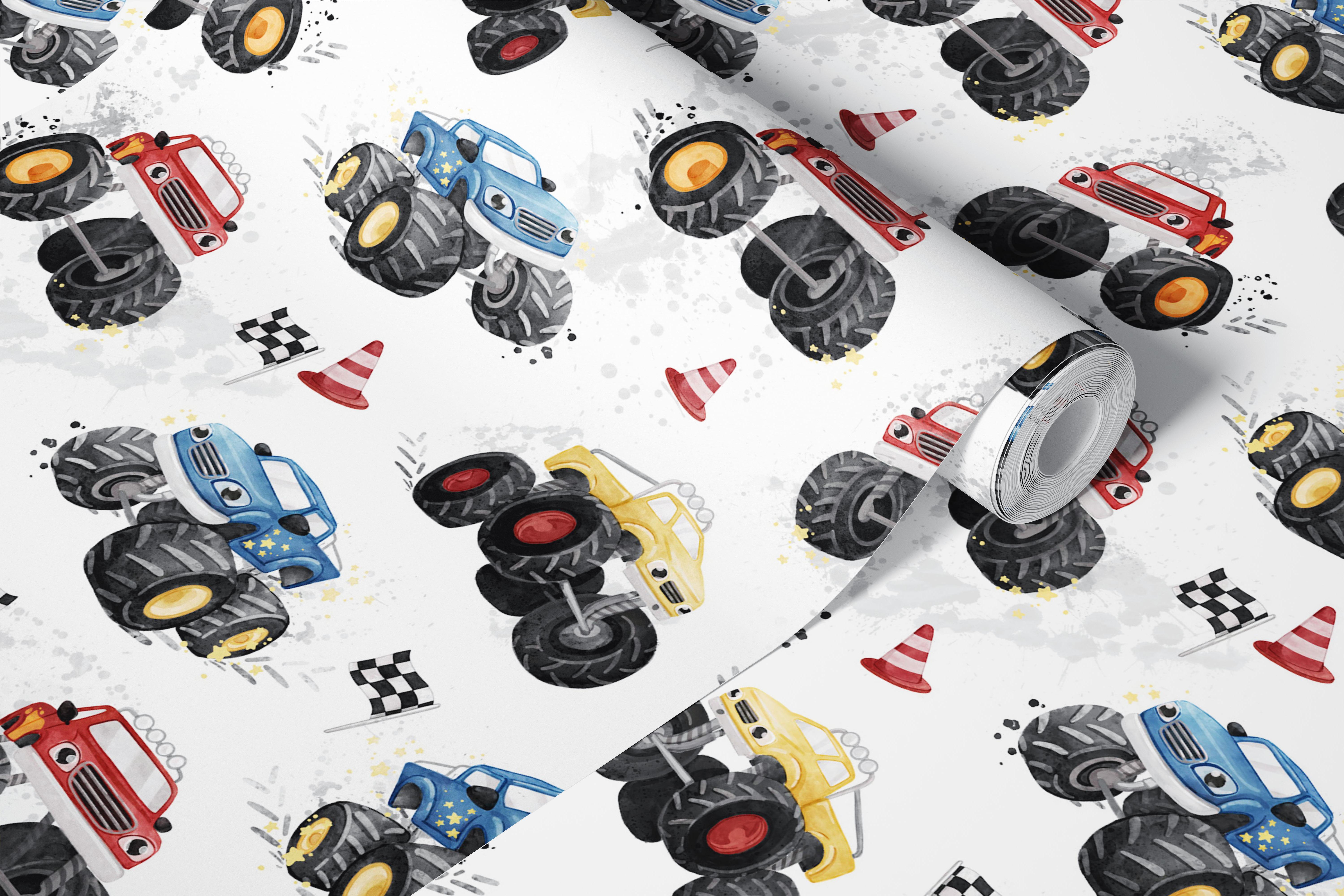 Monster truck patterned wallpaper in a room