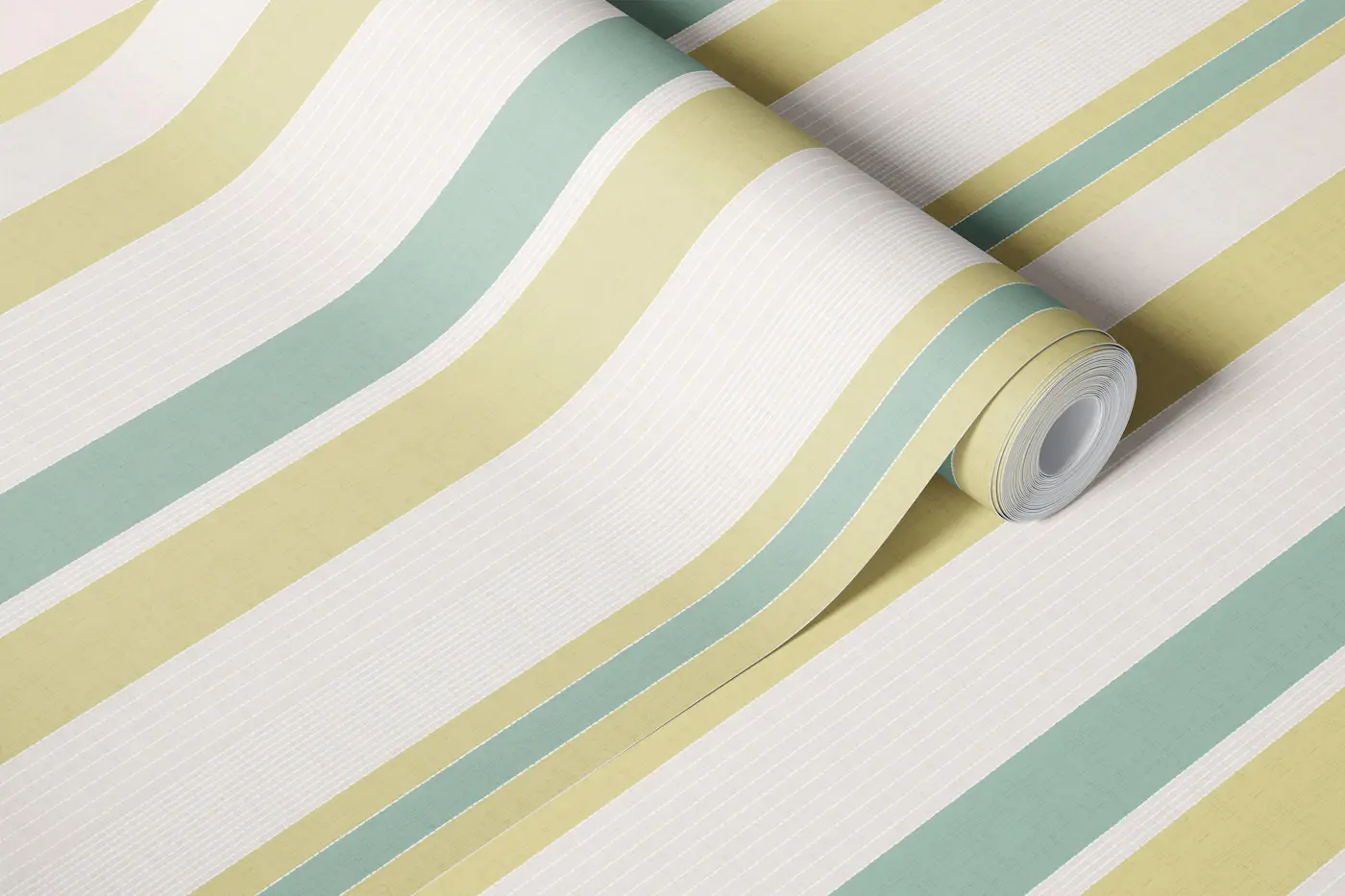 Sashiko Stripes Cream Green Mint wallpaper roll
