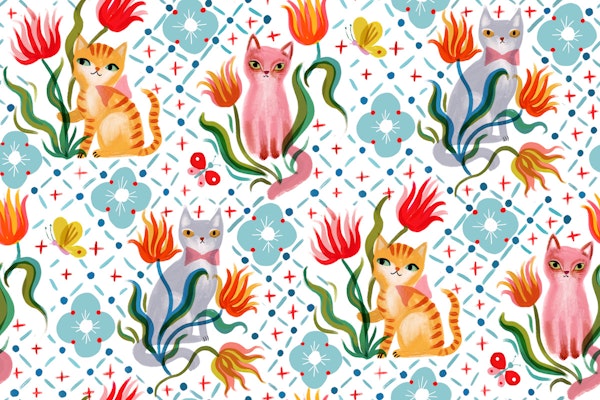 Cats with flowers on cross stitch