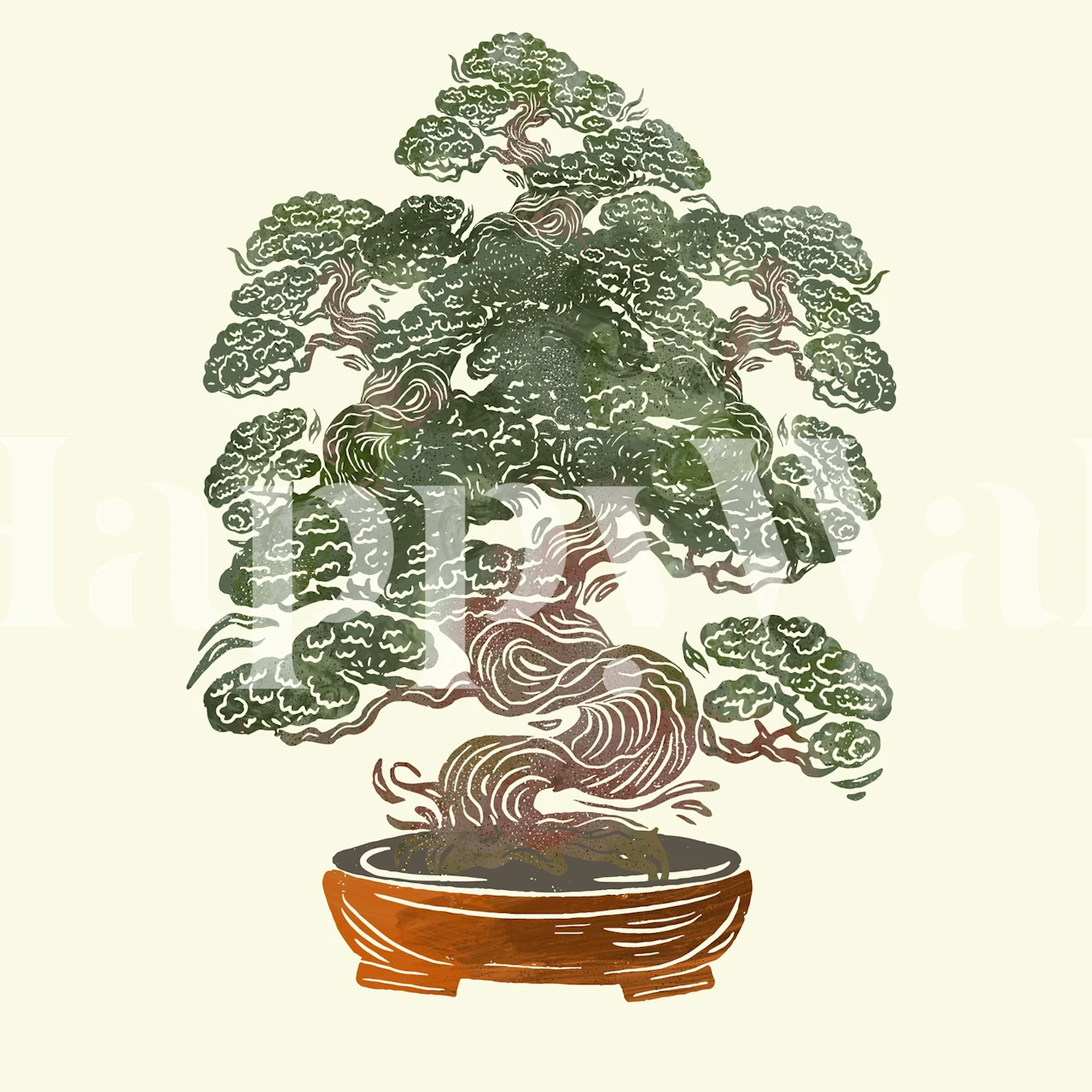 Japanese bonsai wallpaper in a room setting