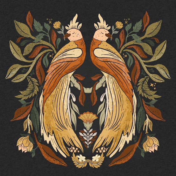 Rust Gold Birds and Leaves