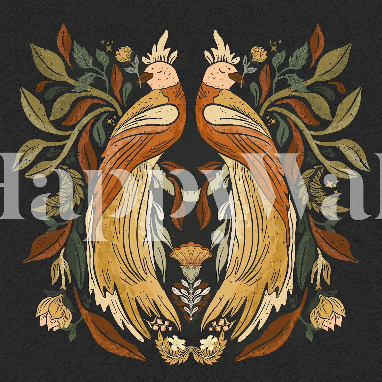 Rust Gold Birds and Leaves wallpaper design