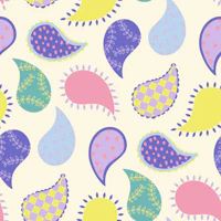Modern boho paisley bright pastels on cream wallpaper