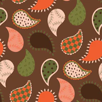 Retro 70s paisley on rich chocolate brown wallpaper