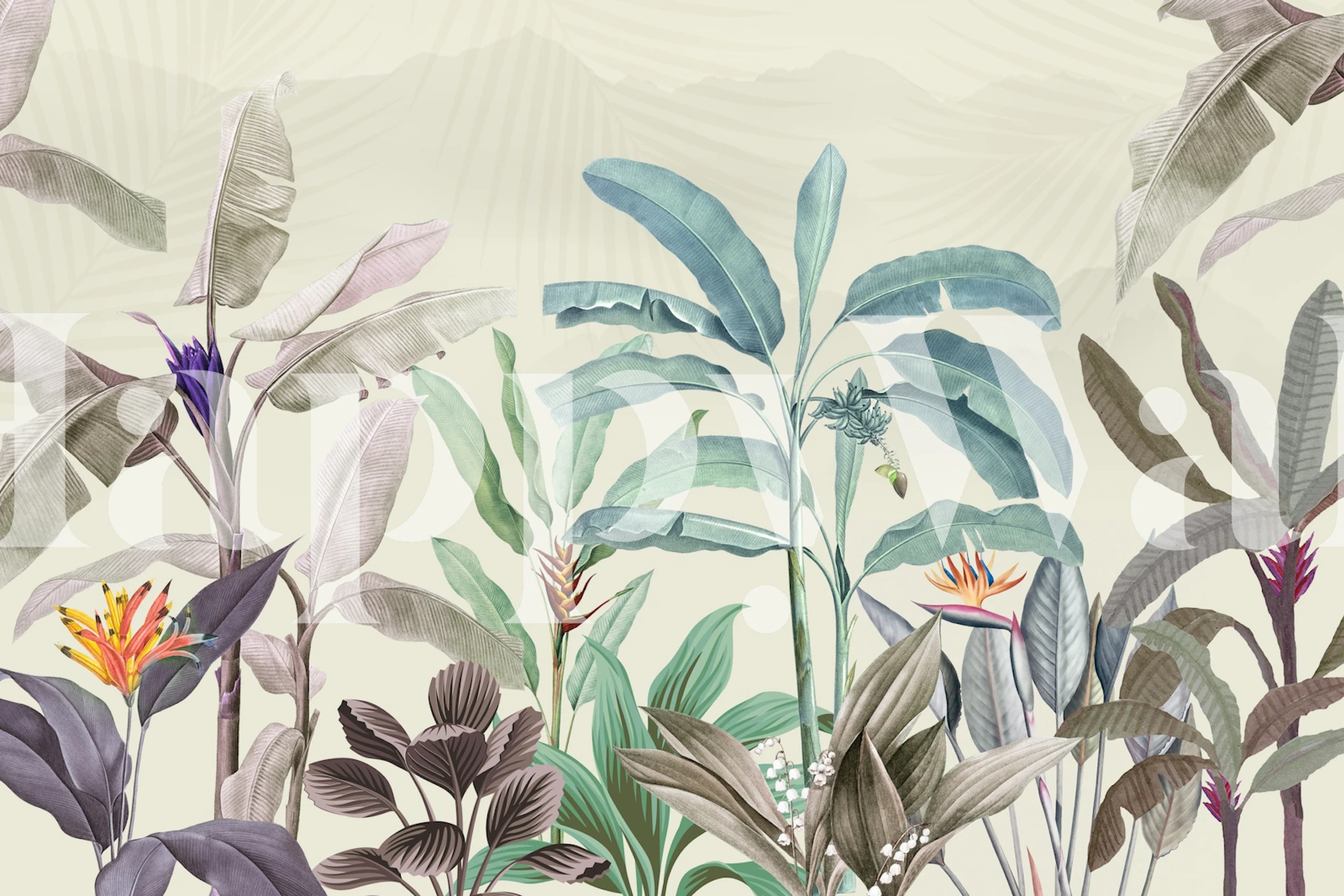 Tropical foliage scene wallpaper in a room