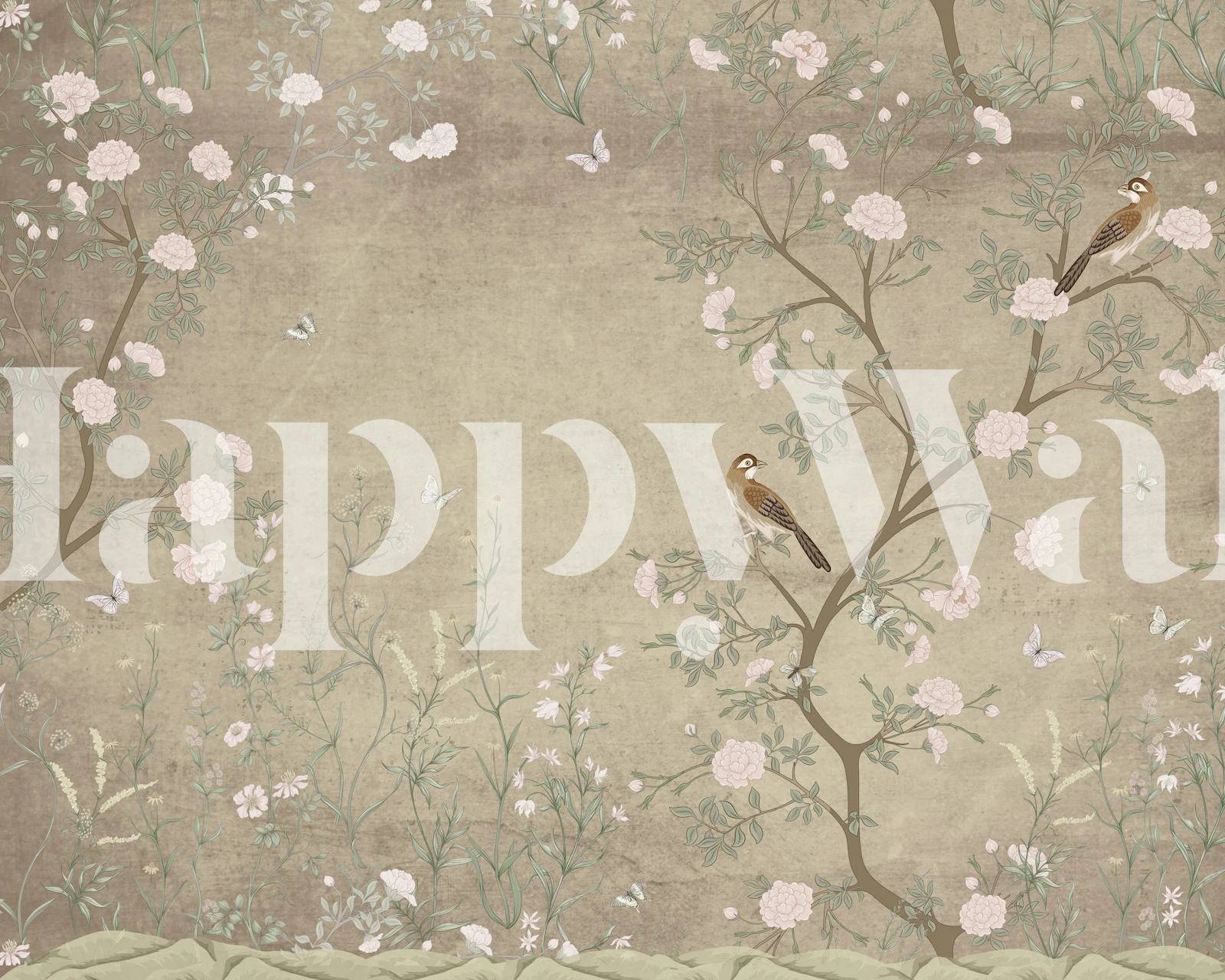 Serene botanical garden wallpaper design in a room