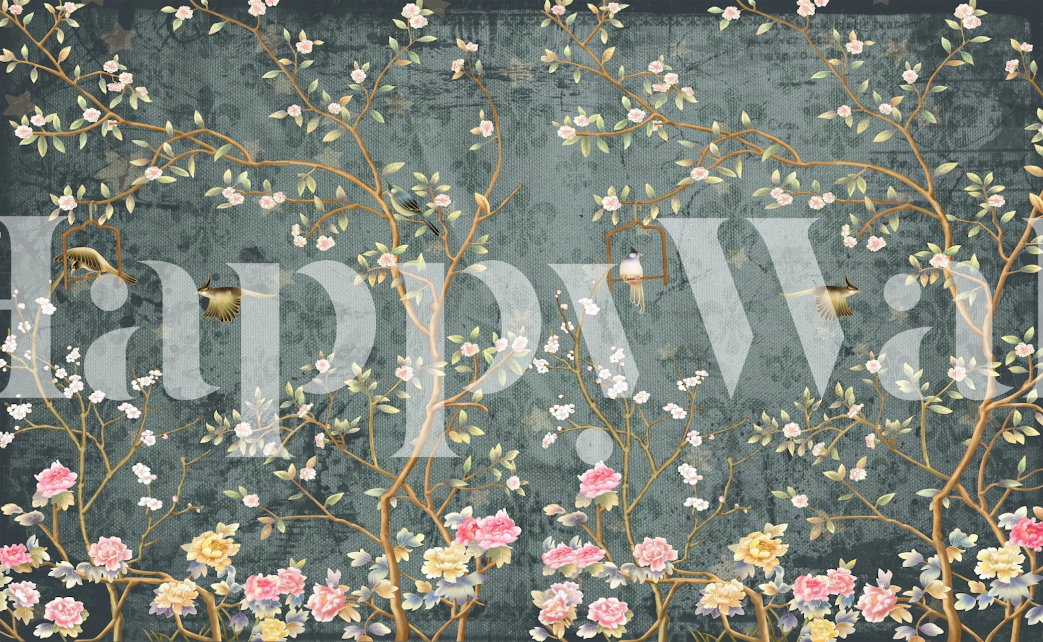 Lush floral motif wallpaper in a room setting