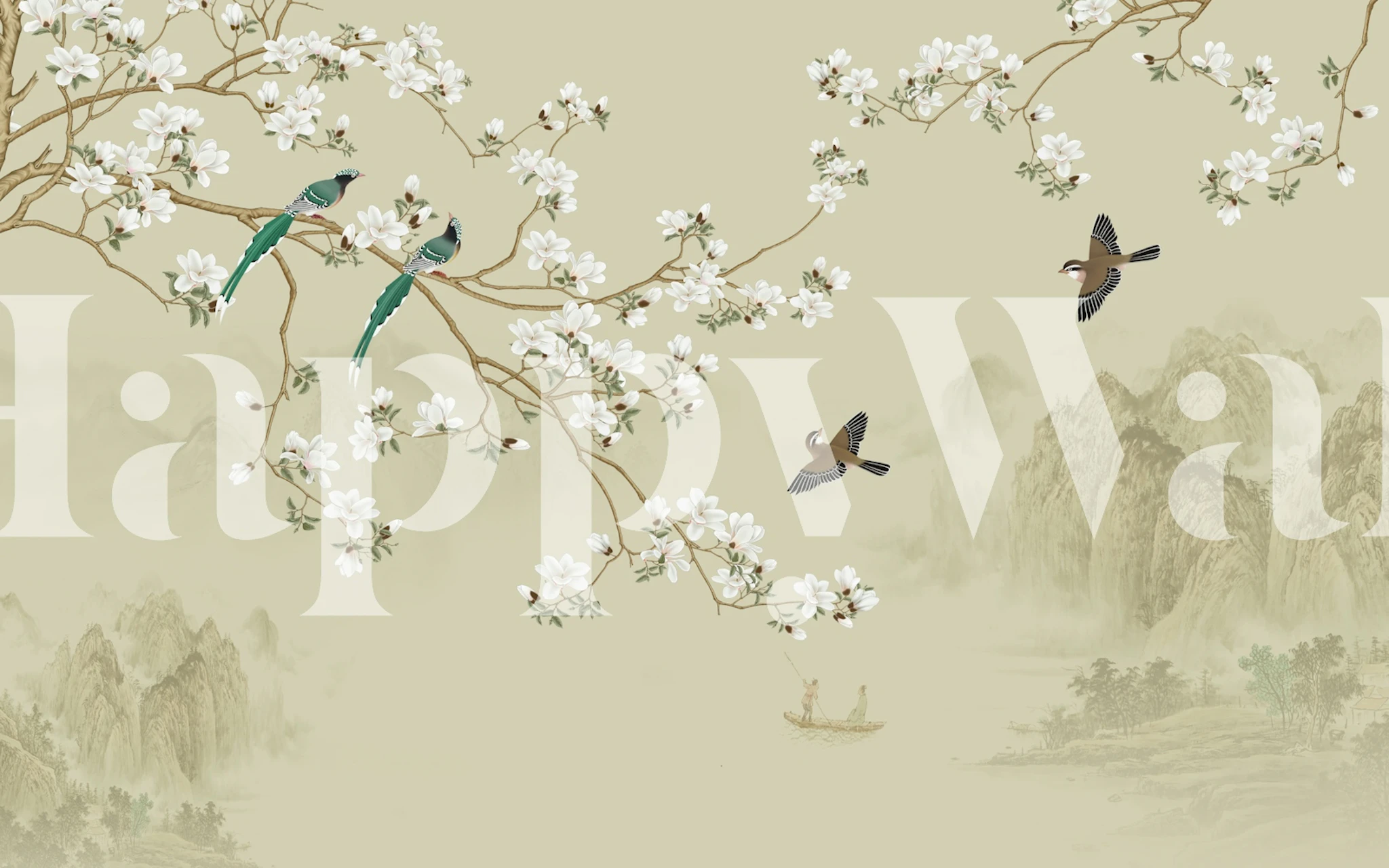 Blossoming Birds in Flight wallpaper in a room