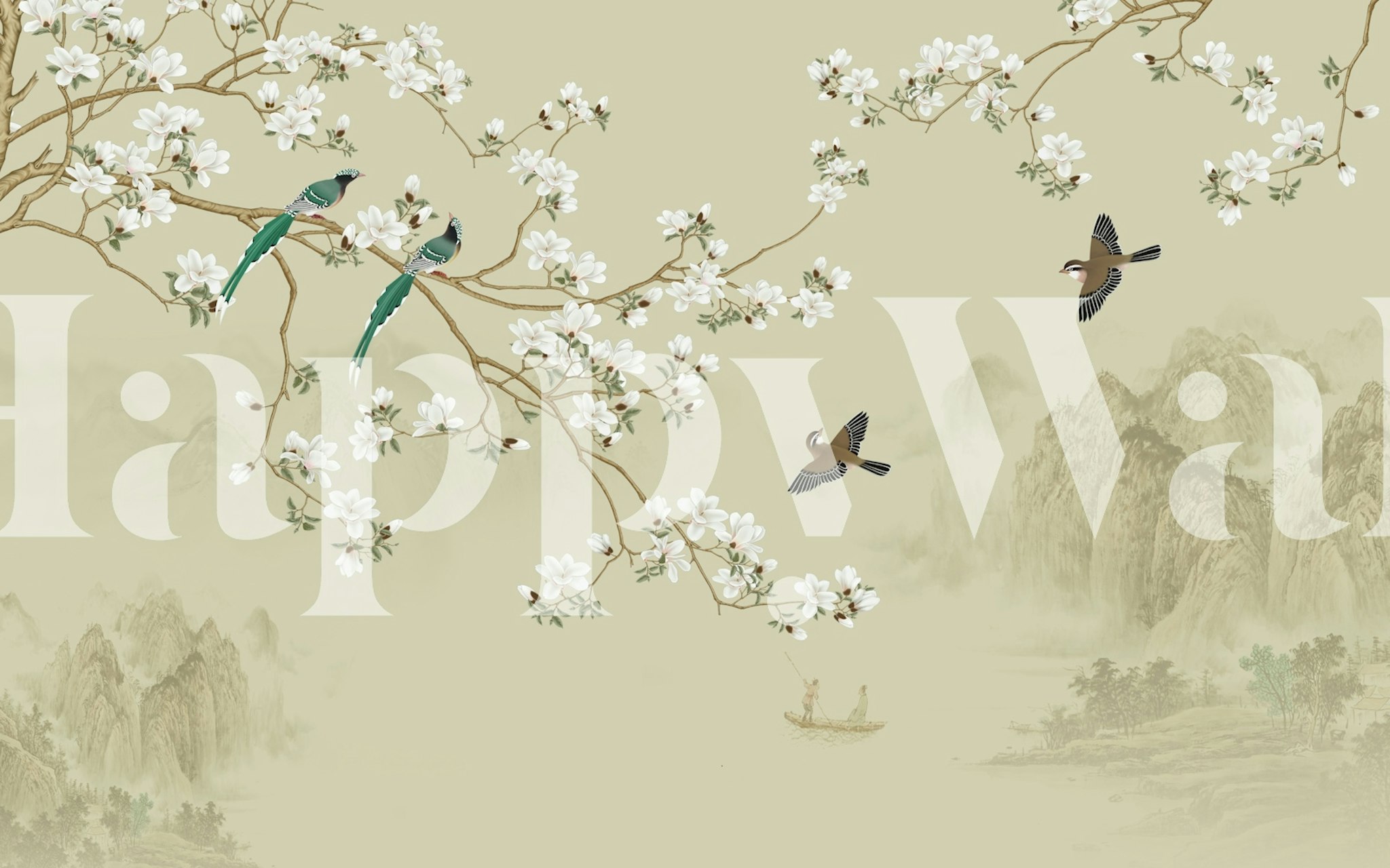 Blossoming Birds in Flight wallpaper in a room