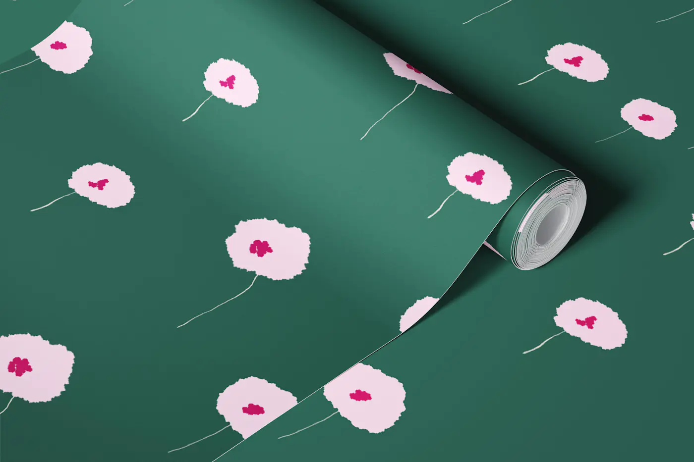Soft Pink Poppies on Forest Green wallpaper roll