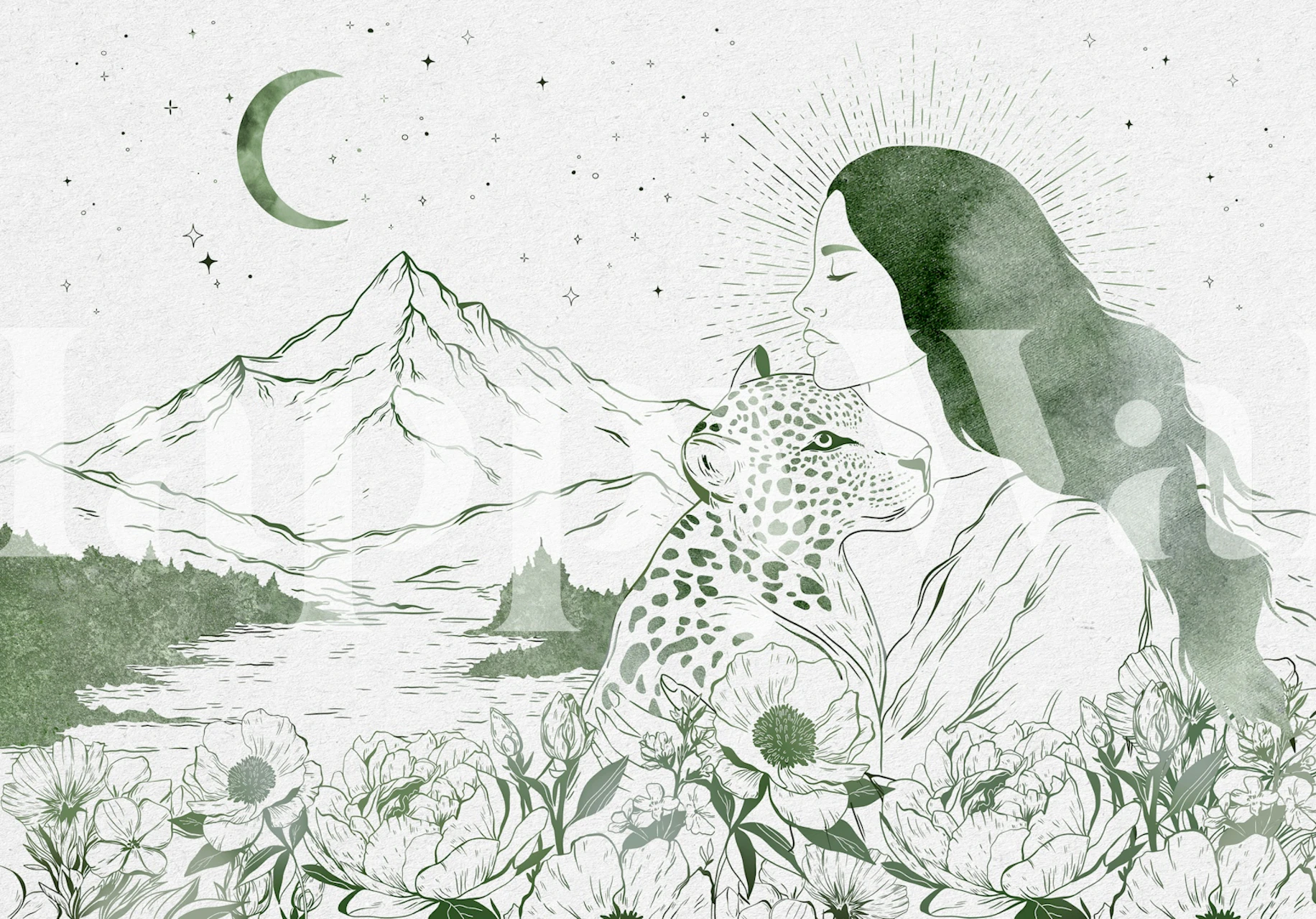 Boho style landscape wallpaper in a room setting