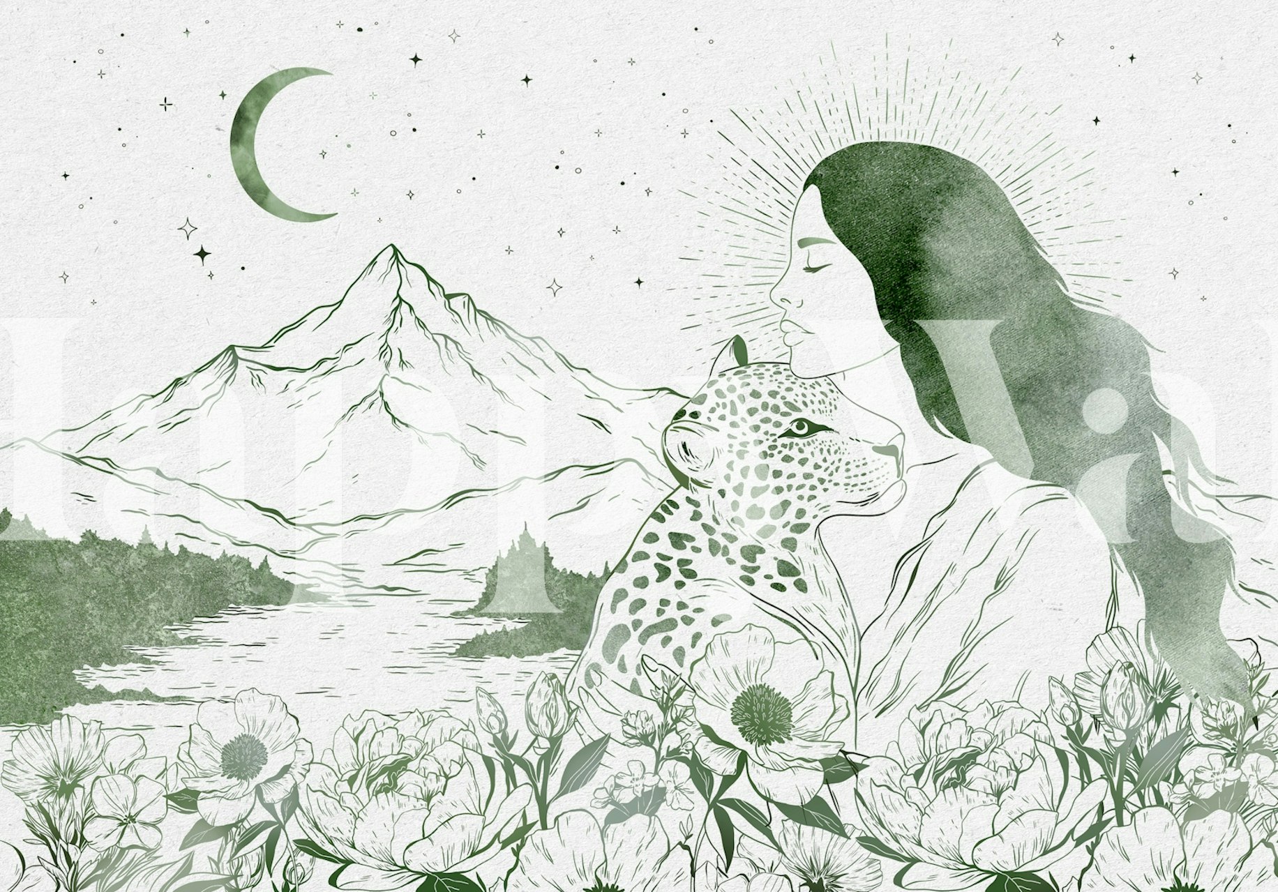 Boho style landscape tapetes istabas iekārtojumā