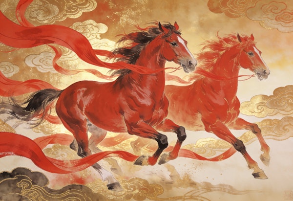 Red Stallions Running in the Sky
