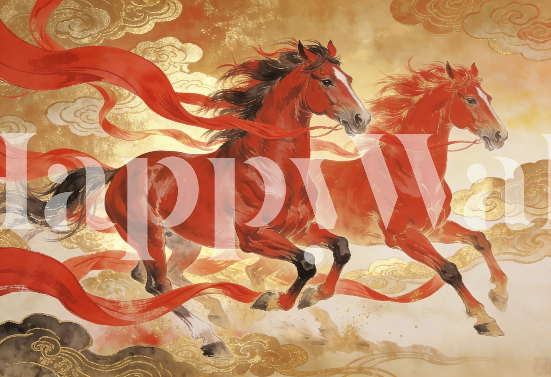 Red stallions running in the sky wallpaper