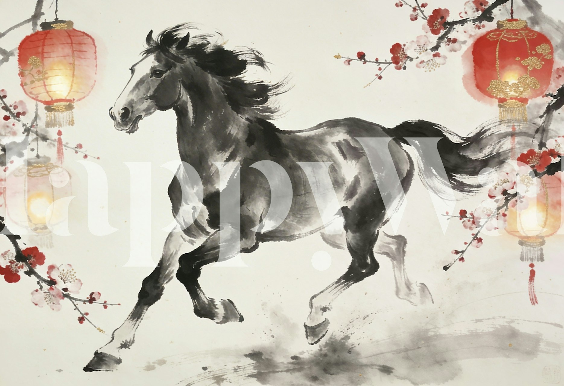 Tapet Ink Wash Galloping Horse într-o cameră
