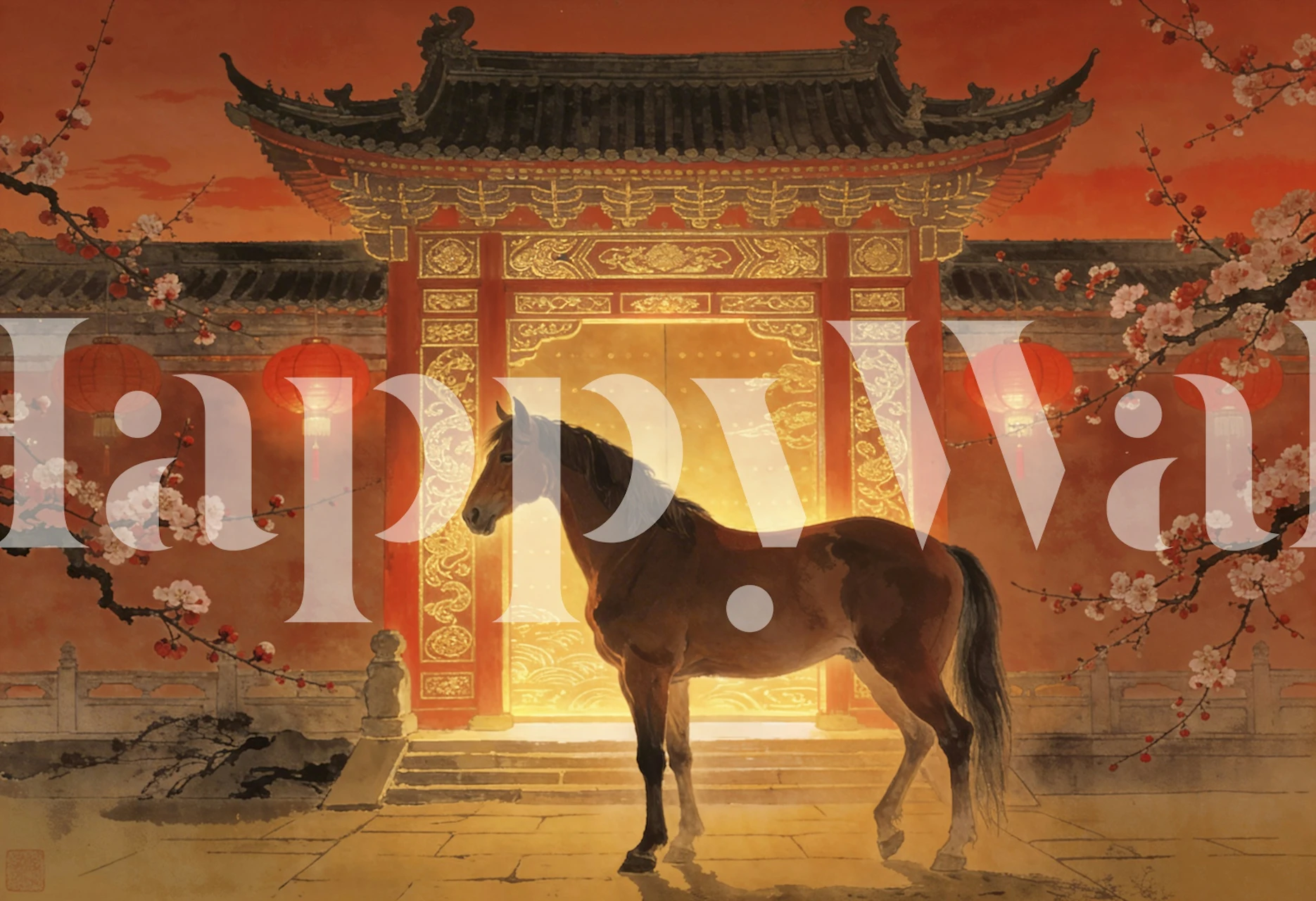 Horse at Lantern Gate Tapete in einem Zimmer